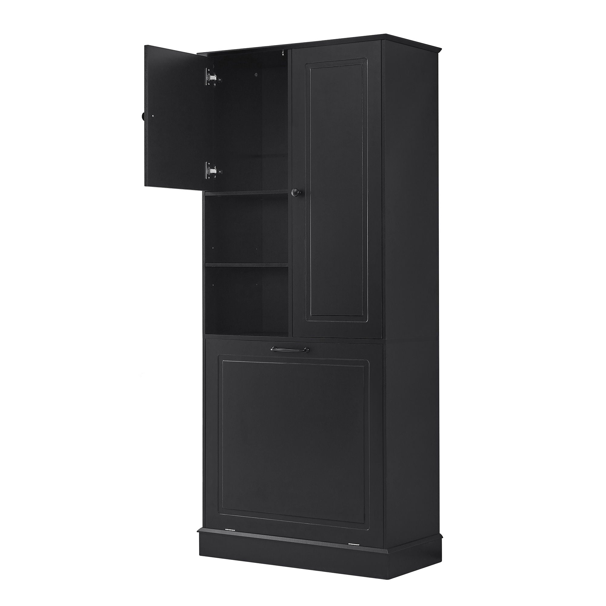 Modern Tall Storage Cabinet With Adjustable Shelves, Flip-Out Basket & Enclosed Doors
