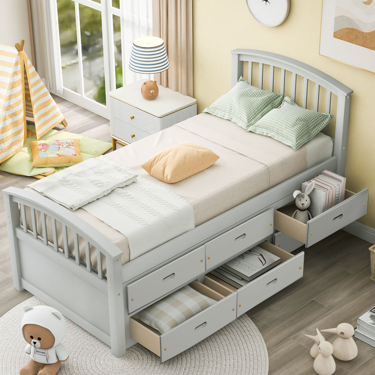 Twin Size Platform Storage Bed Solid Wood Bed With 6 Drawers - Gray