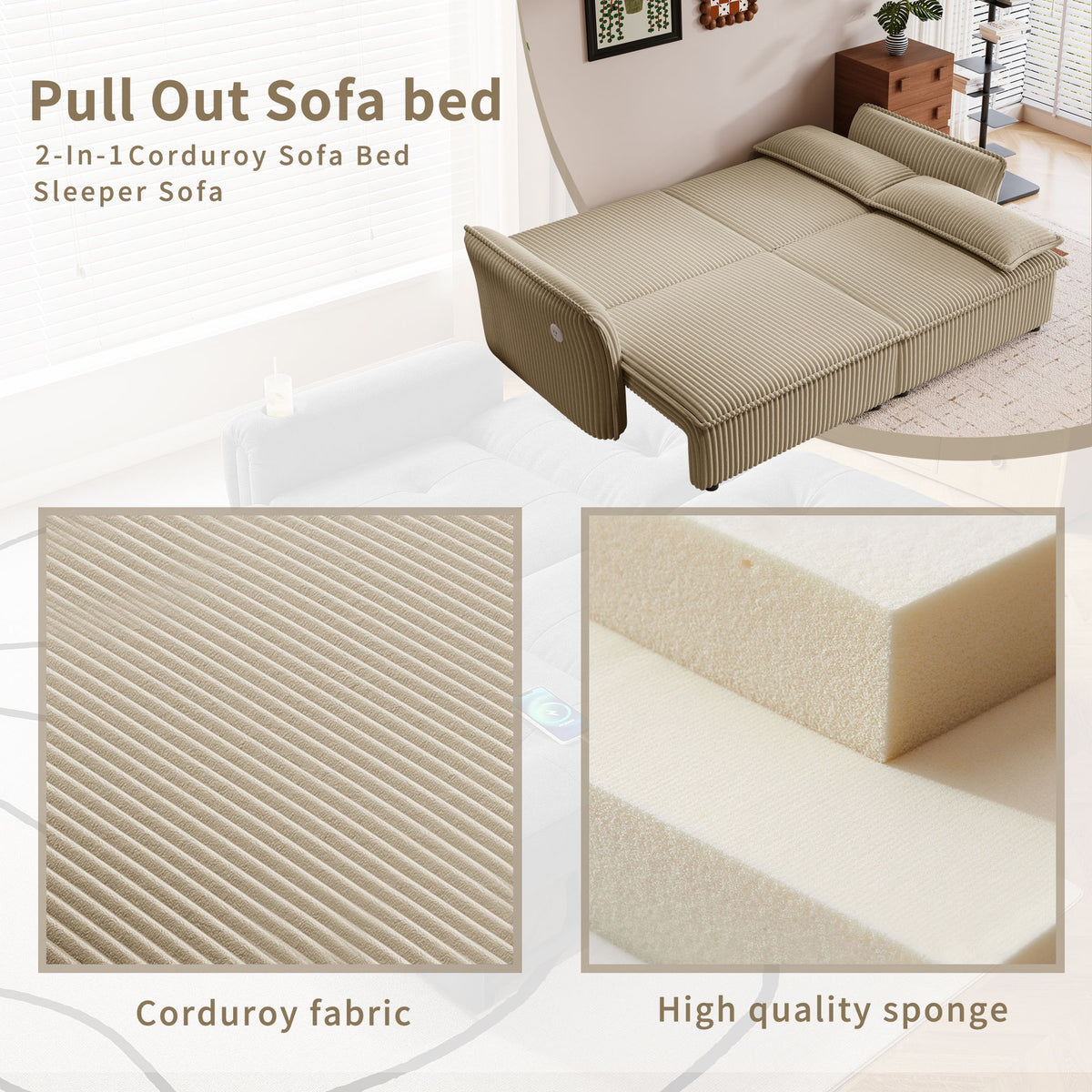 2 In 1 Convertible Sofa Bed, Multi Functional Living Room Furniture