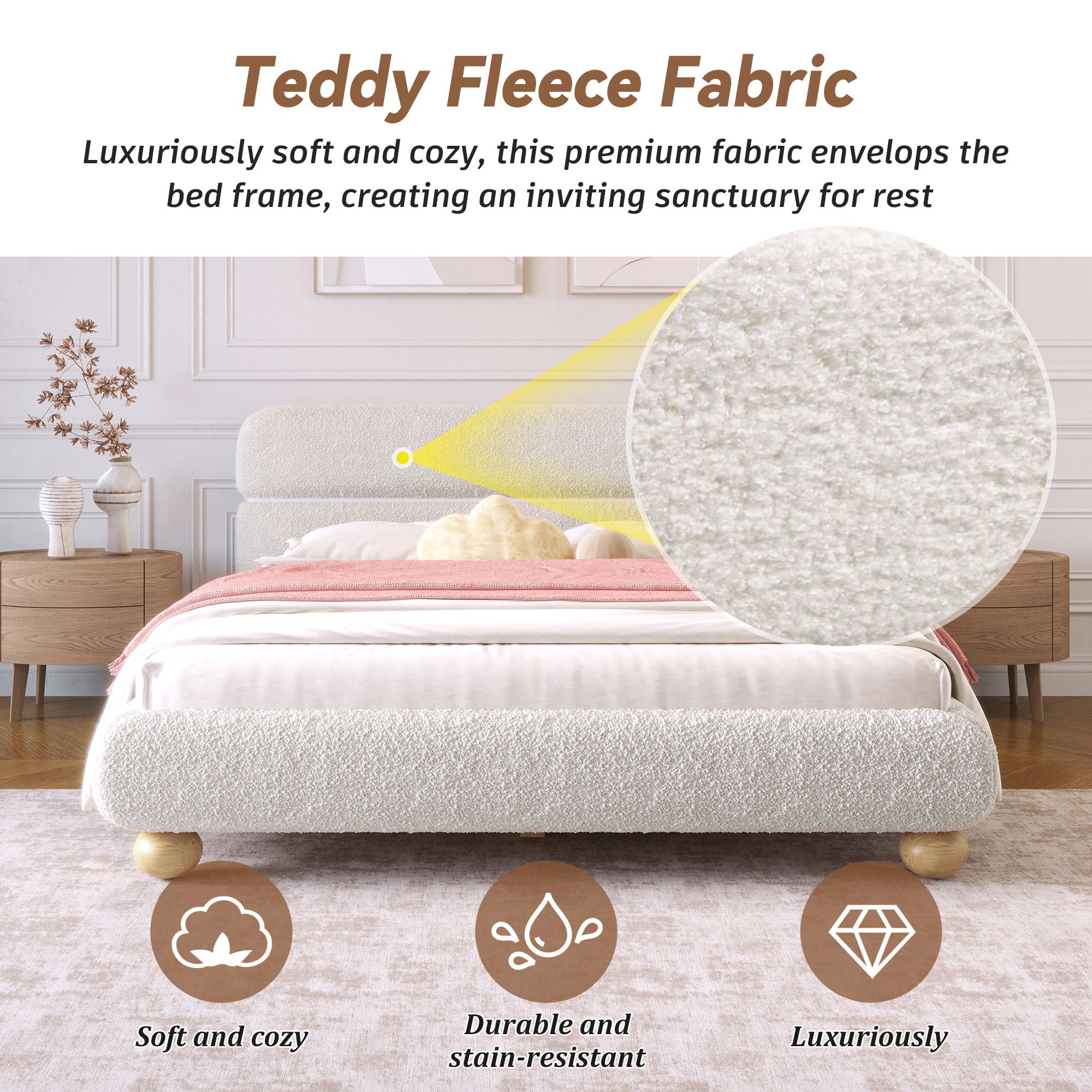Queen Size Low Profile Upholstered Bed - White