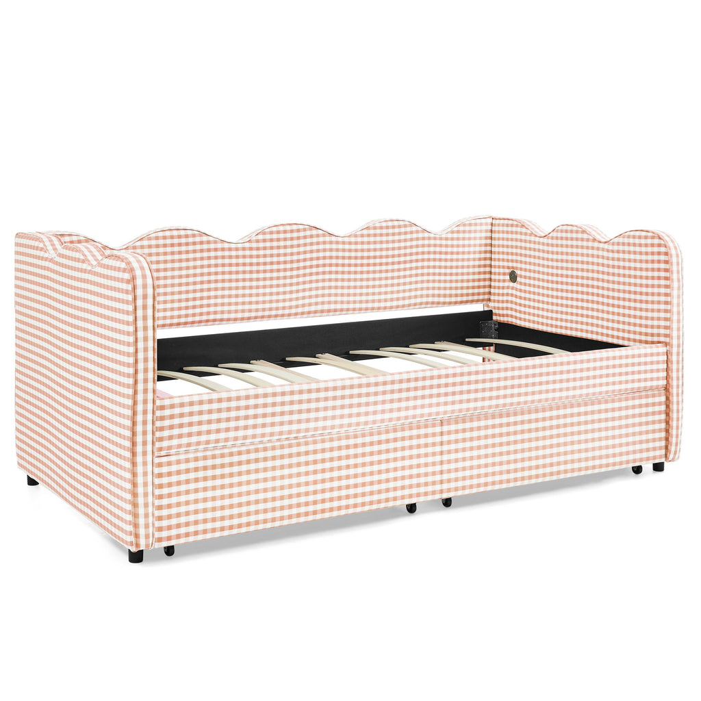 Gingham Daybed With USB Charging Port, Wave-Shaped Design