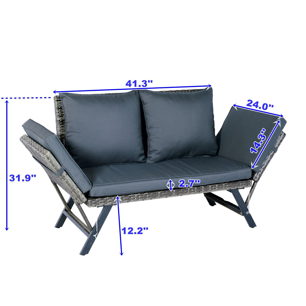 1 Pieces Patio Wicker Side Foldable Bench Patio Backyard Conversation Bench Gray Wicker - Dark Gray / Gray