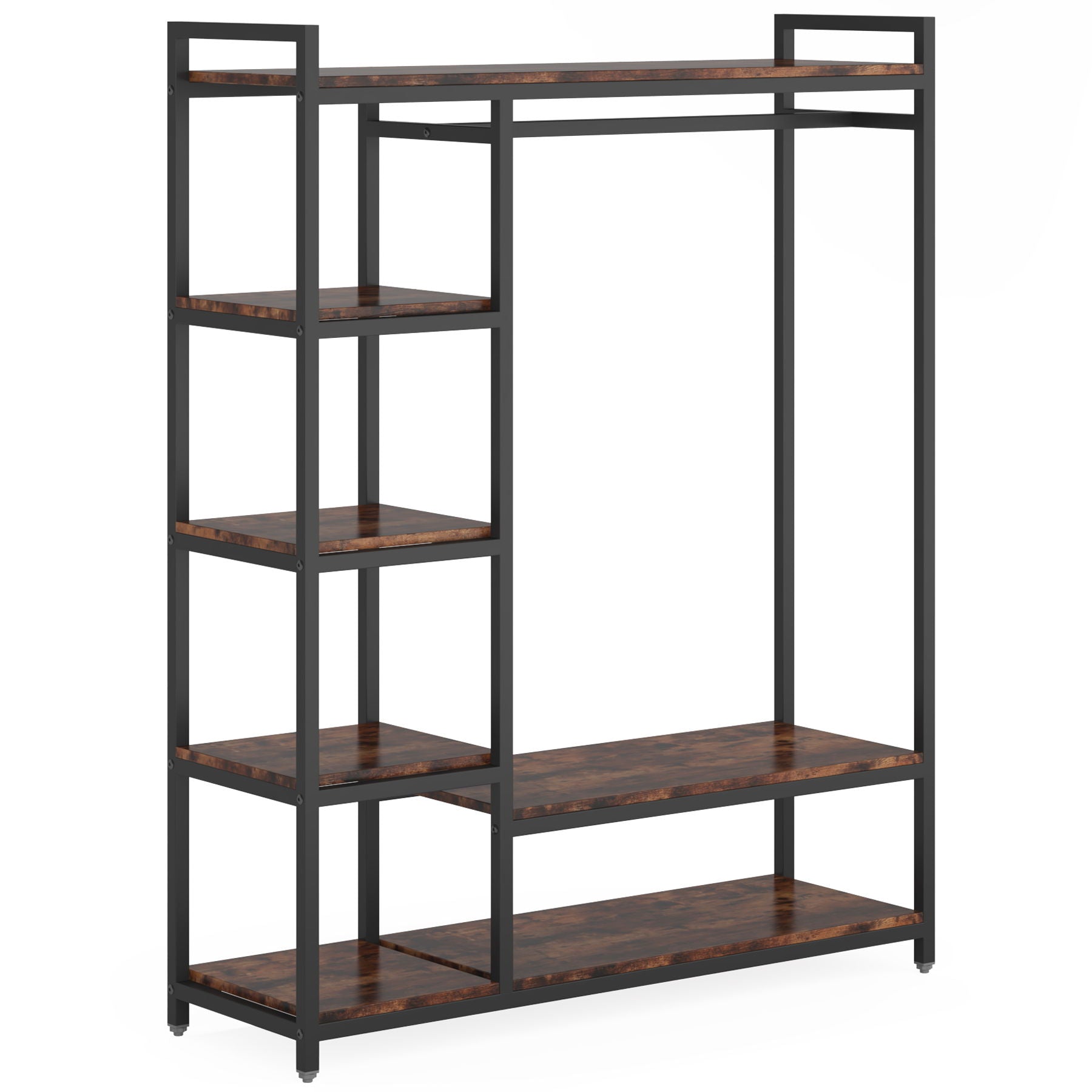 Free Standing Closet Organizer With 6 Shelves And Hanging Bar - Brown / Black