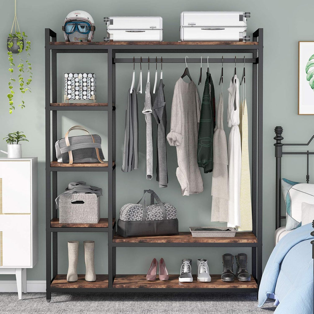 Free Standing Closet Organizer With 6 Shelves And Hanging Bar - Brown / Black