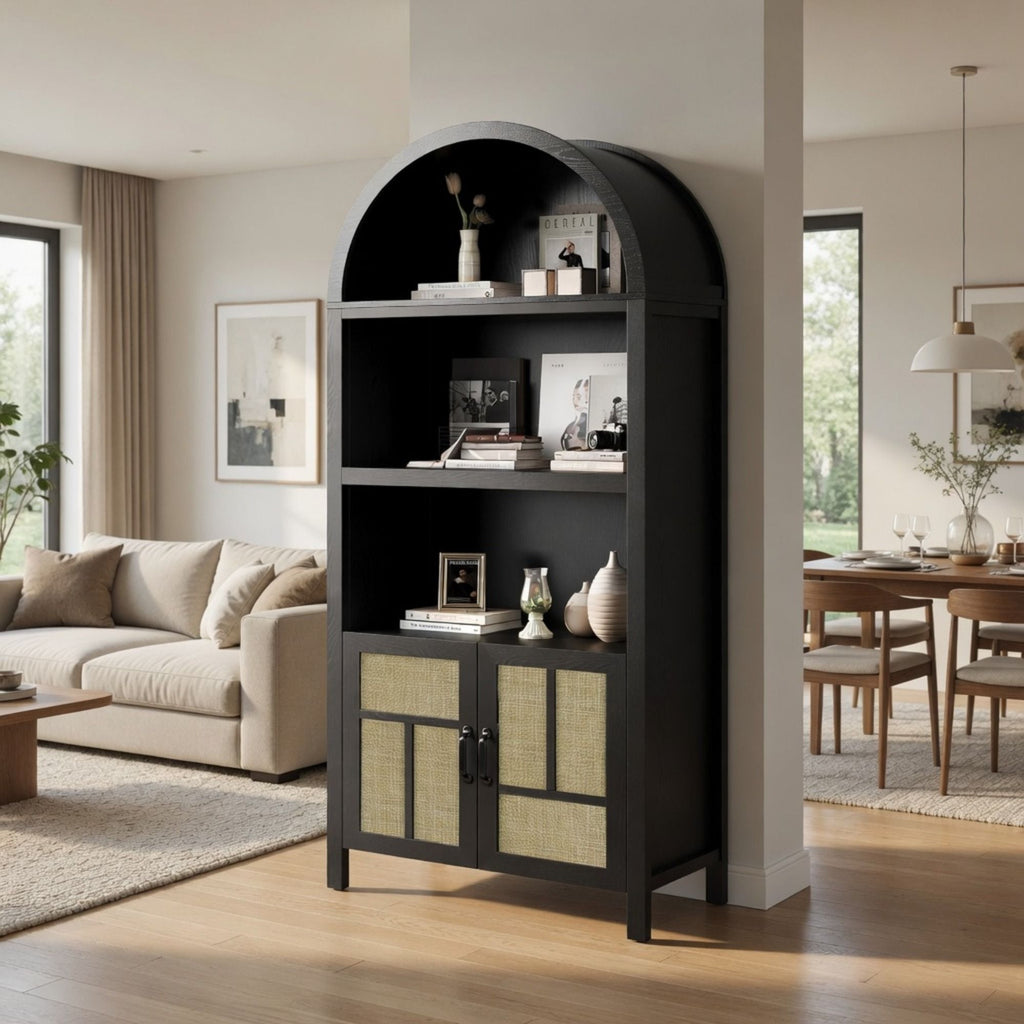 Arched Pantry Cabinet With Adjustable Storage & Doors - Black