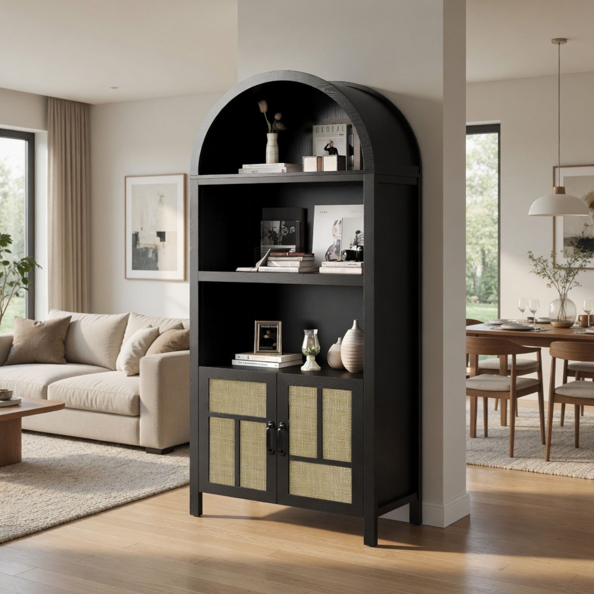 Arched Pantry Cabinet With Adjustable Storage & Doors - Black