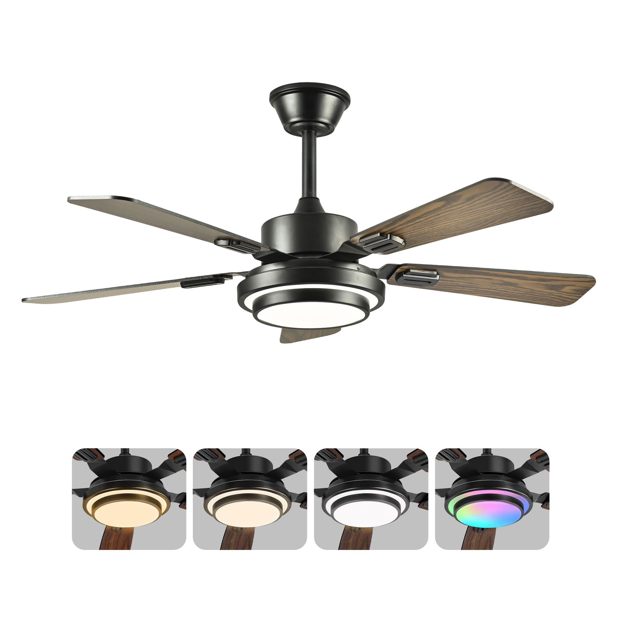 5 Blades Ceiling Fan With LED Light 3000 - 6500K Dimmable, 6 Speed Levels, Reversible Ceiling Fan - Matte Black