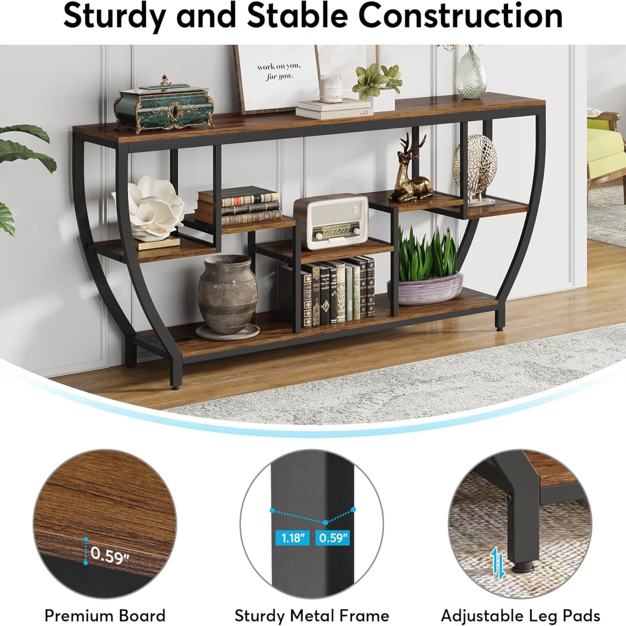Extra Long Entryway Console Sofa Table With 7 Tier Shelves - Brown / Black
