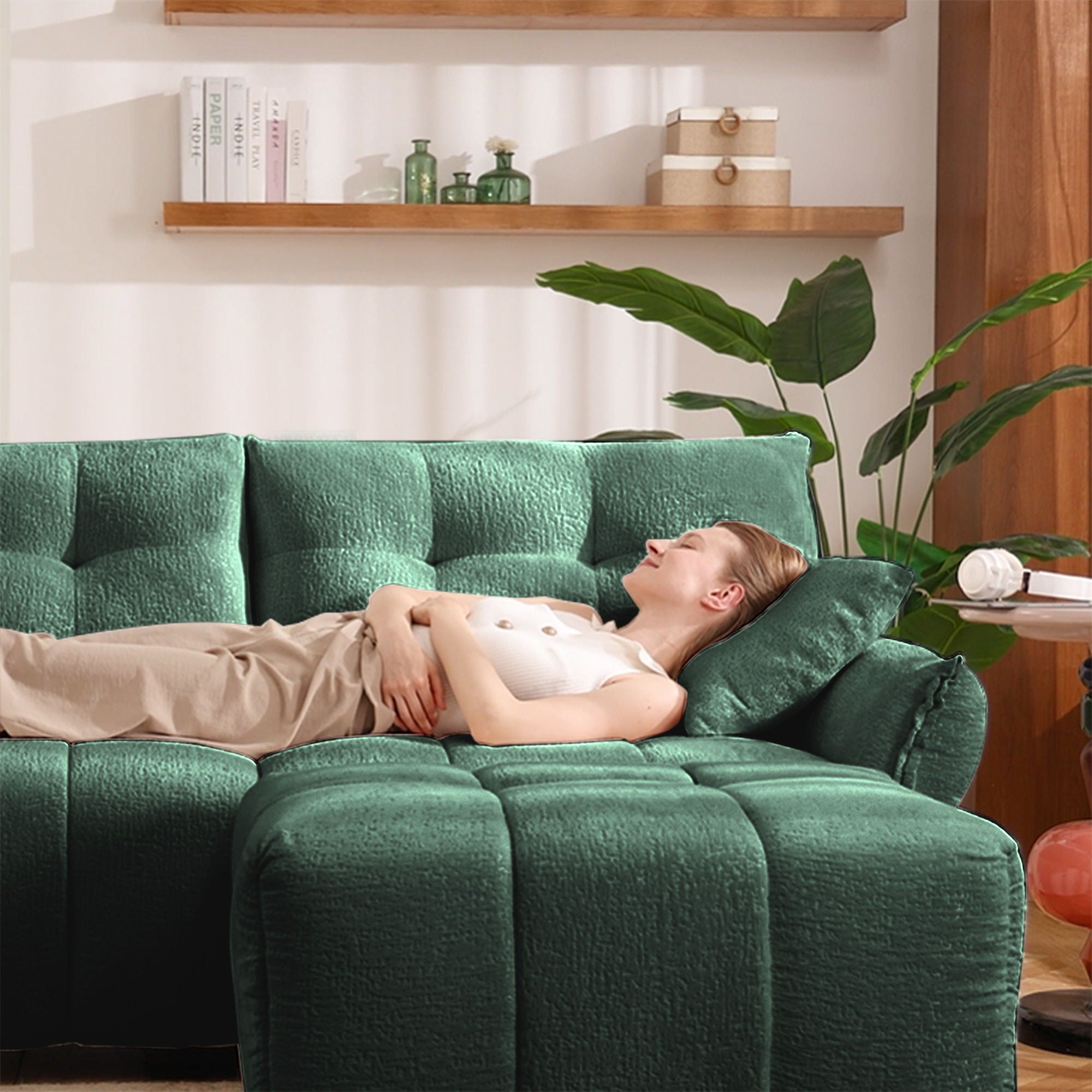 Elegant 3 Seater Sofa Set & Pillows Frame, High Rebound Cushions - Textured Green
