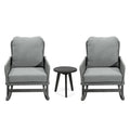 Modern 3 Piece Outdoor Seating Set With Cushioned Rattan Rocking Chairs And Wooden Accent Table