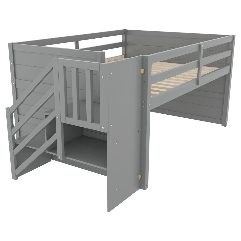 Low Loft Bed Frame With Built In Stairs, Storage Drawer, Shelf And 7 Color LED Light