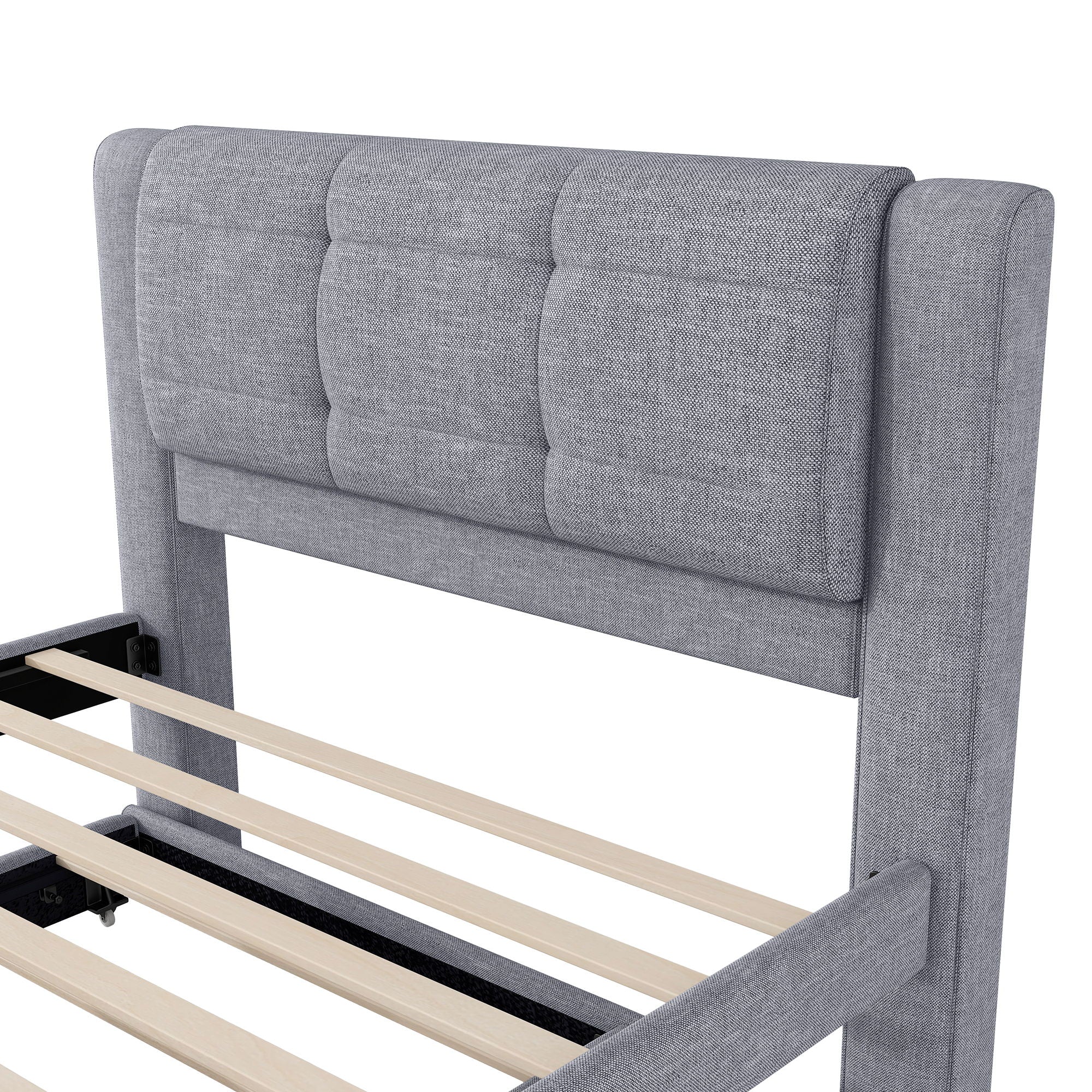 Upholstery Platform Bed With Trundle, Trundle Can Be Flat Or Erected