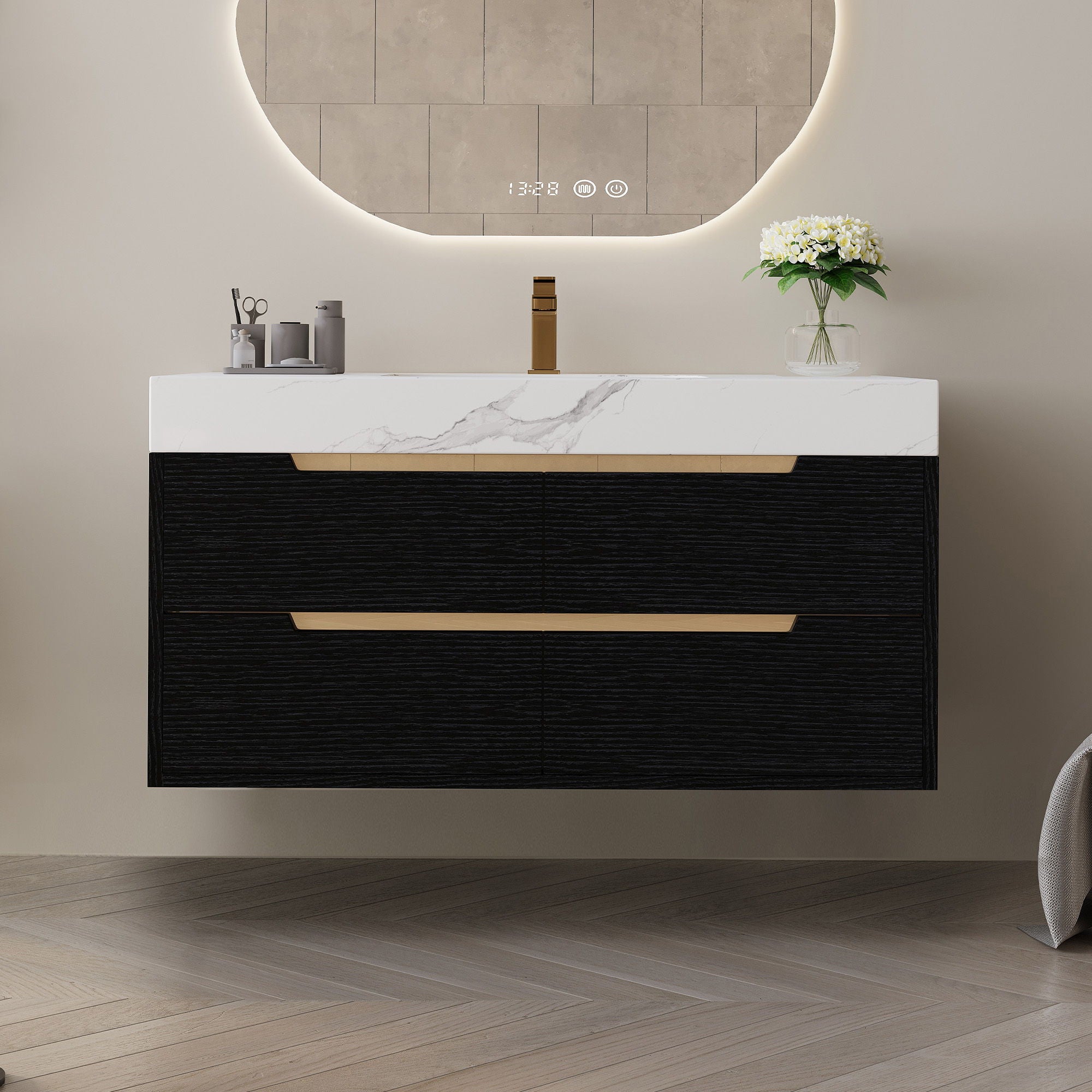 Bathroom Vanity With Undermount Sink, 4 Drawers Storage, Free Standing / Wall Mounted - Black / White