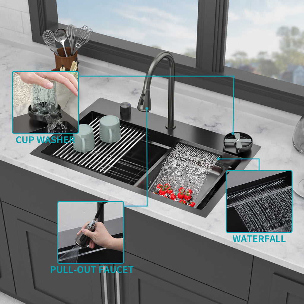 Drop In Waterfall Kitchen Sink With Pull Out Faucet & Cup Washer