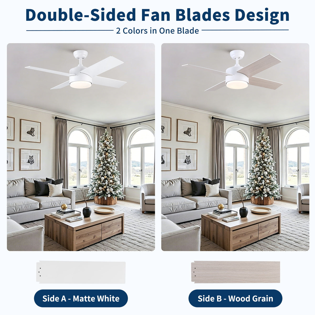 Ceiling Fan With Remote Control, Reversible DC Motor, 6 Speeds, 3 Dimmable LED, Quiet Timer For Indoor - White
