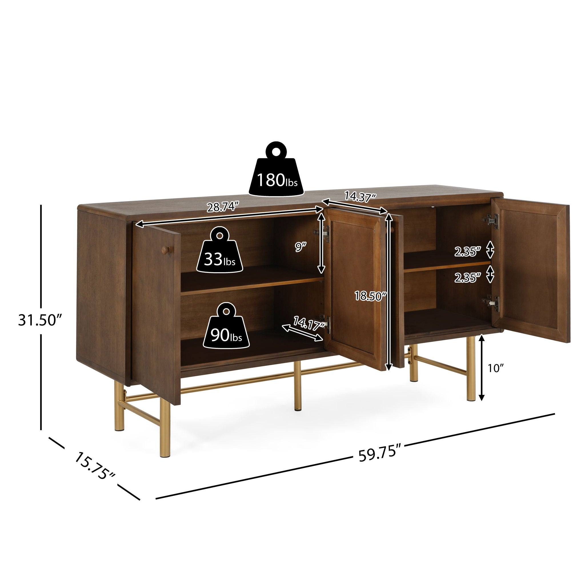 Modern Scandinavian 4 Door Sideboard, Storage Cabinet With Adjustable Shelves - Gold / Walnut