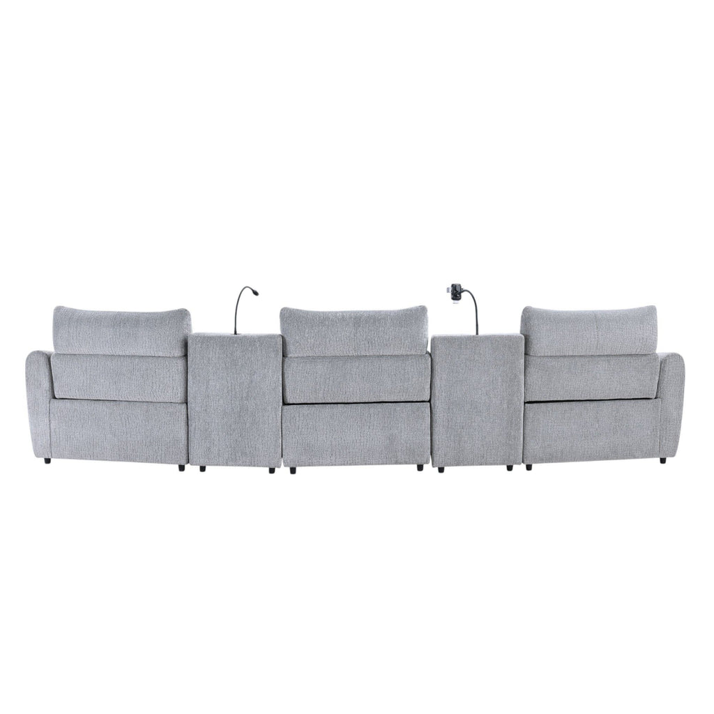 Fullar - Modular Power Motion Sectional Sofa With Console, 2 Wireless Chargers, 4 Cupholders, And 2 Speakers, 1 Phone Holder And 1 Reading Light, Adjustable Headrest - Light Gray