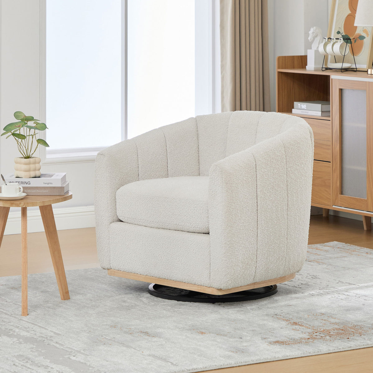 360 Degrees Swivel Upholstered Barrel Armchair For Living Room - Ivory
