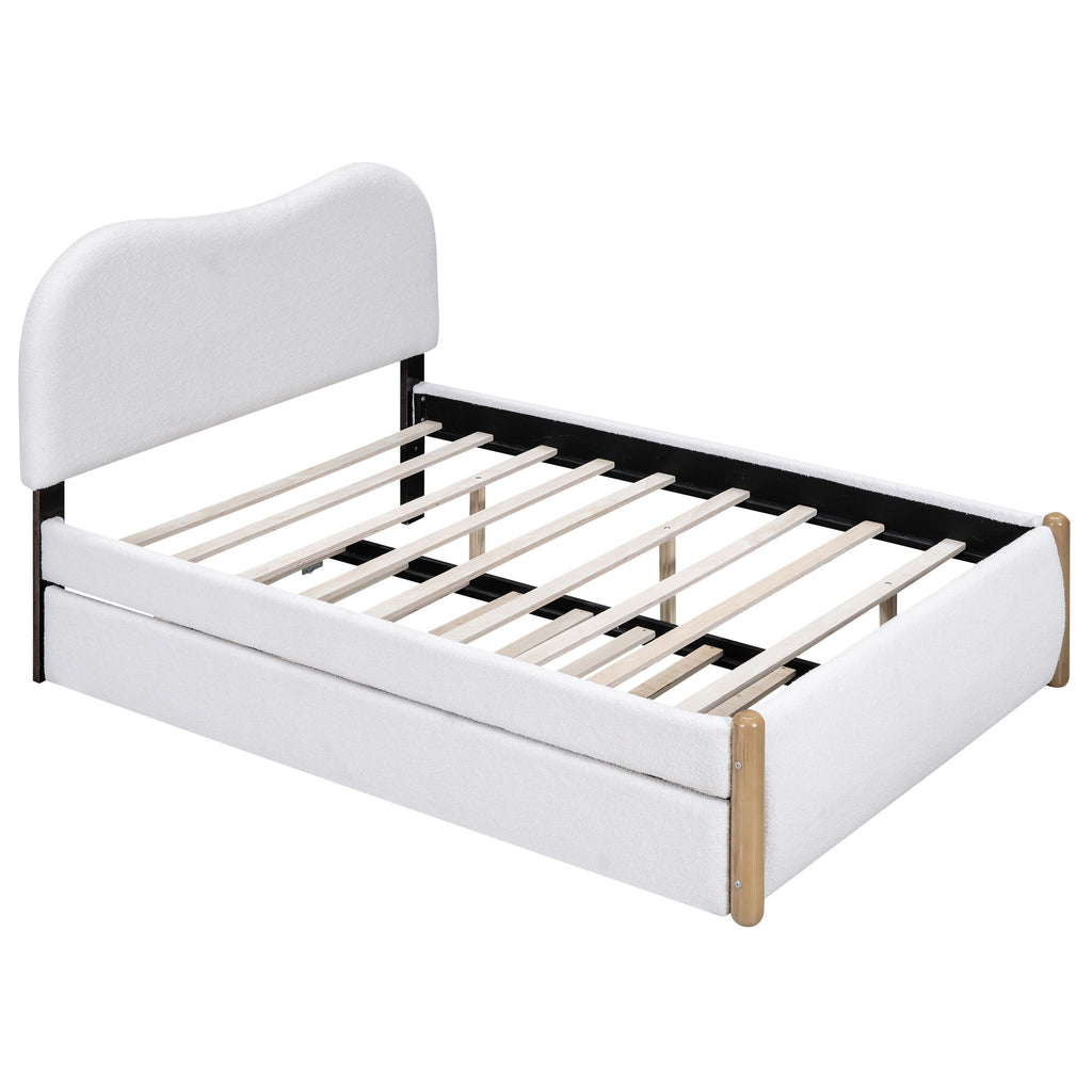Upholstered Platform Bed With Wood Supporting Feet And Trundle