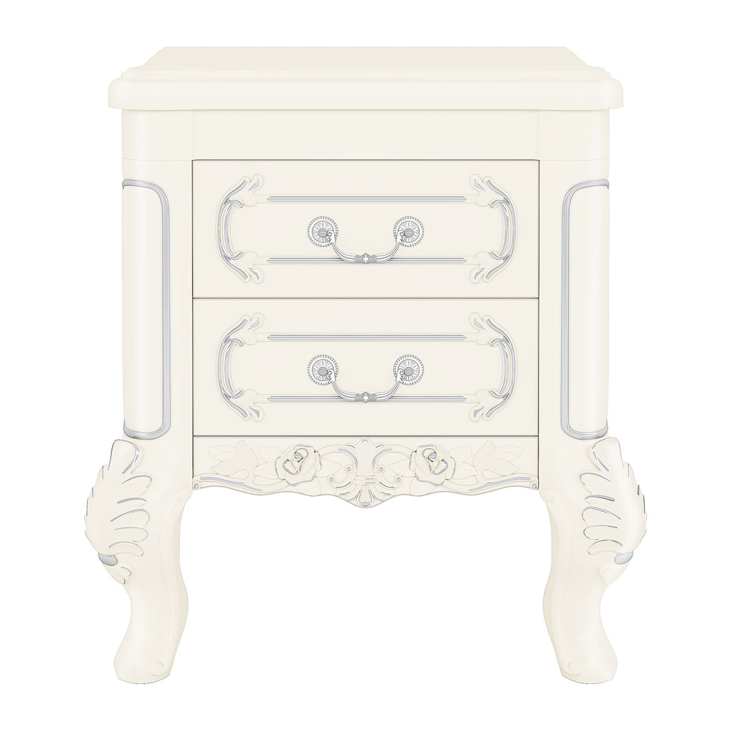 Carved Nightstand With 2 Drawers, Bedside Table - White