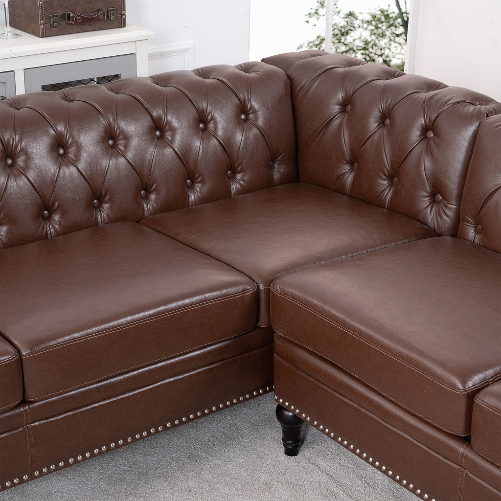 L Shaped Reversible Modern Chesterfield Sofa With Rolled Arms And Nailhead, 5 Seat Tufted Couch