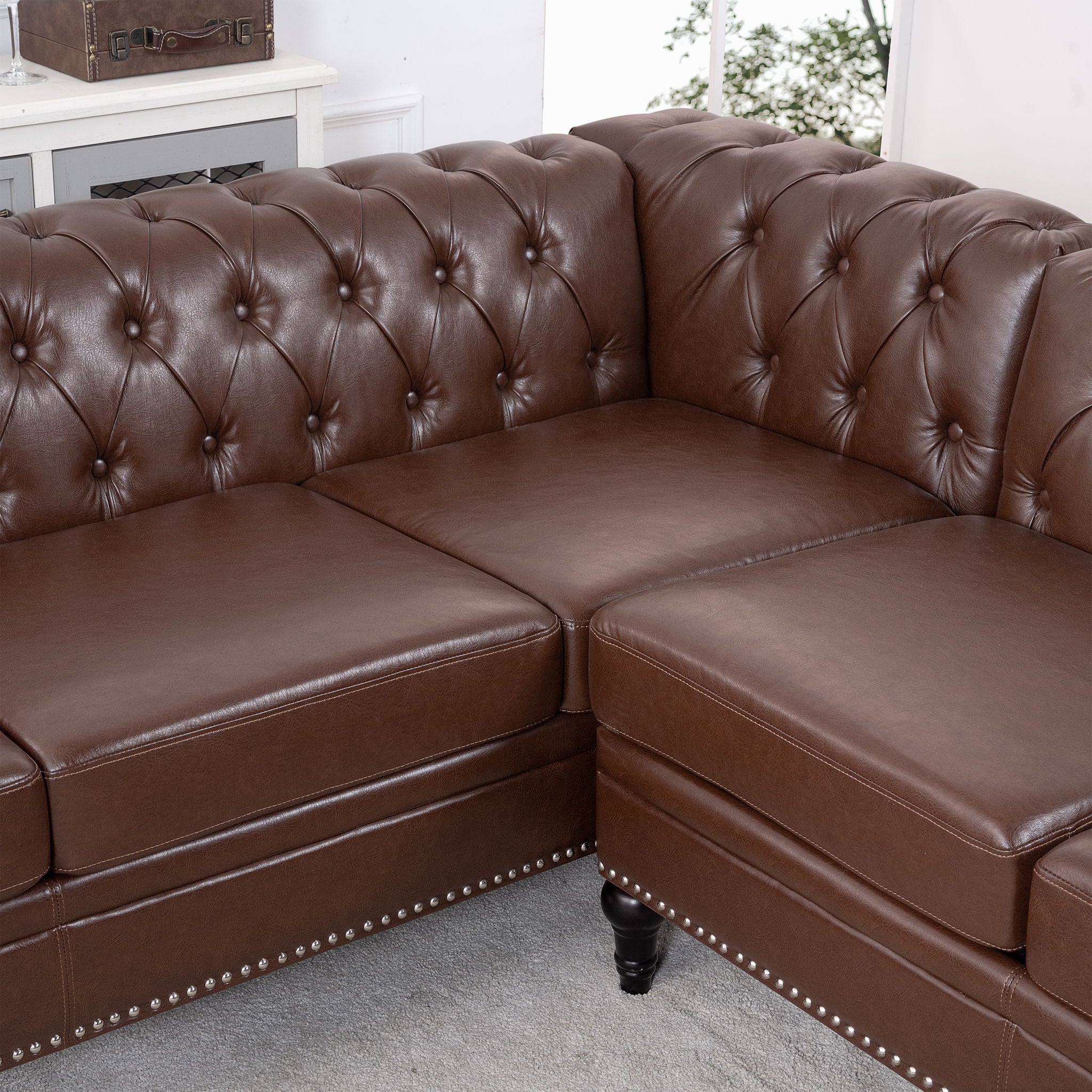 L Shaped Reversible Modern Chesterfield Sofa With Rolled Arms And Nailhead, 5 Seat Tufted Couch