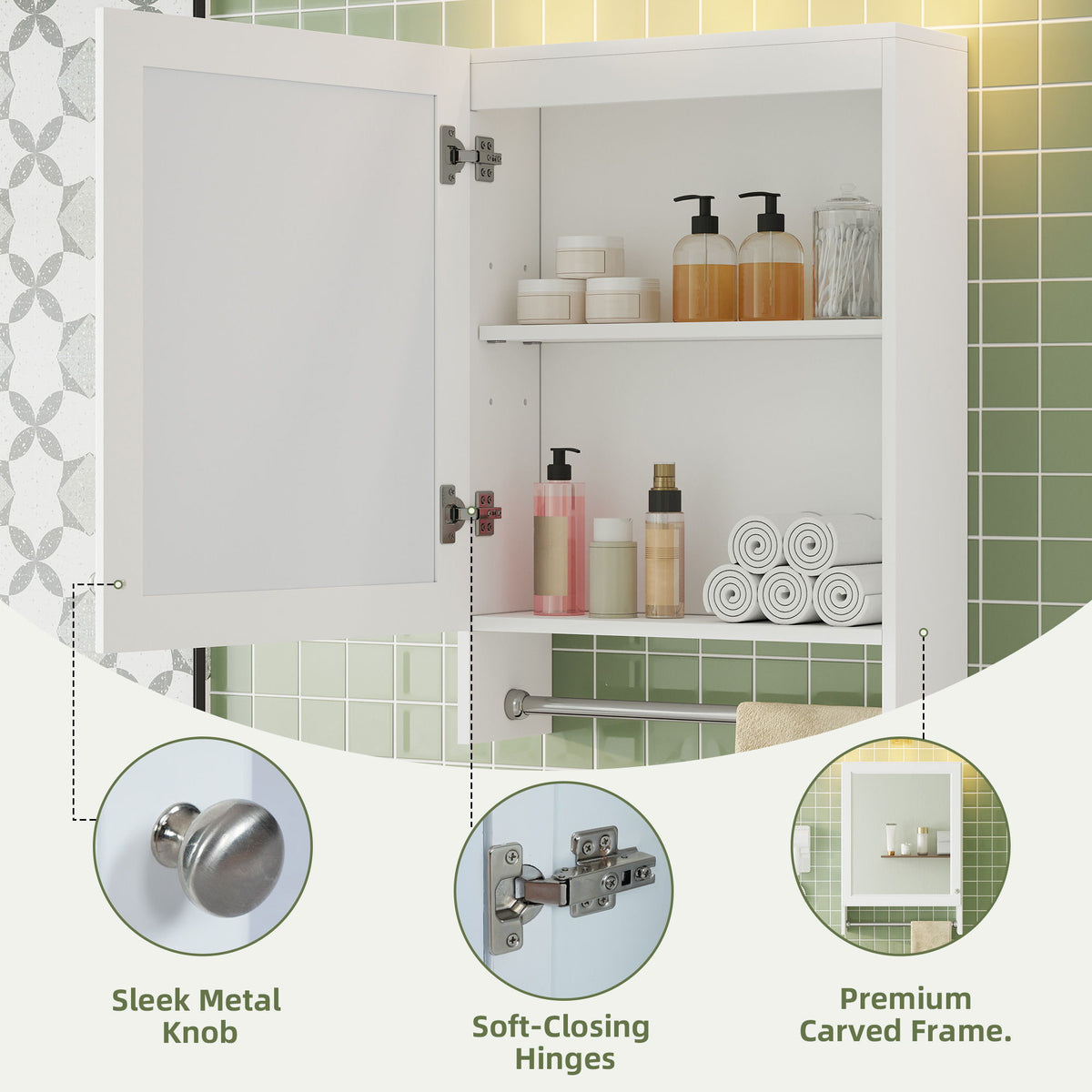 3 In 1 Wall Mounted Bathroom Mirror Cabinet With Adjustable Shelf, Soft Close Door, Mirror & Towel Bar - White