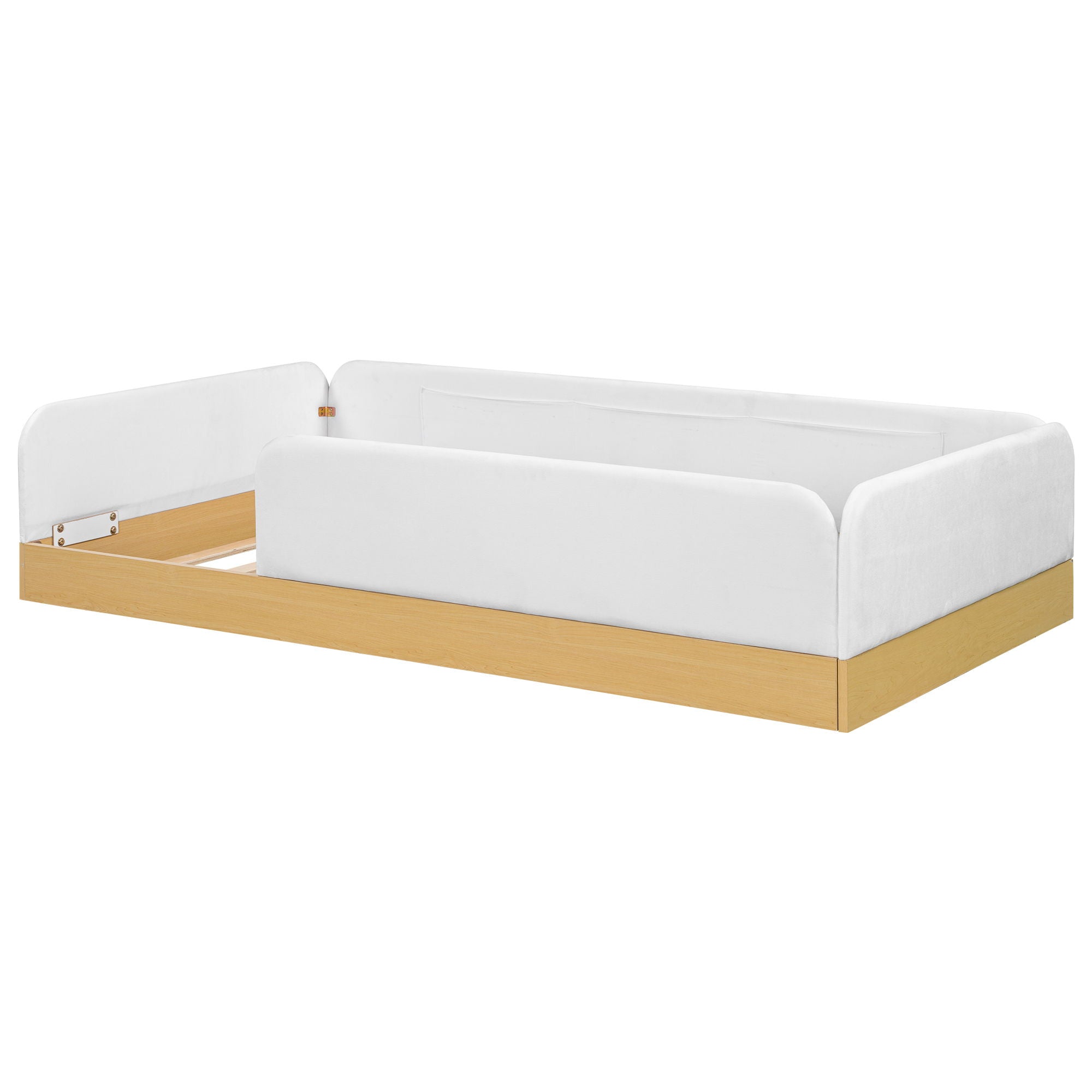 Twin Upholstered Platform Bed With Guardrail And Storage Bags - Natural