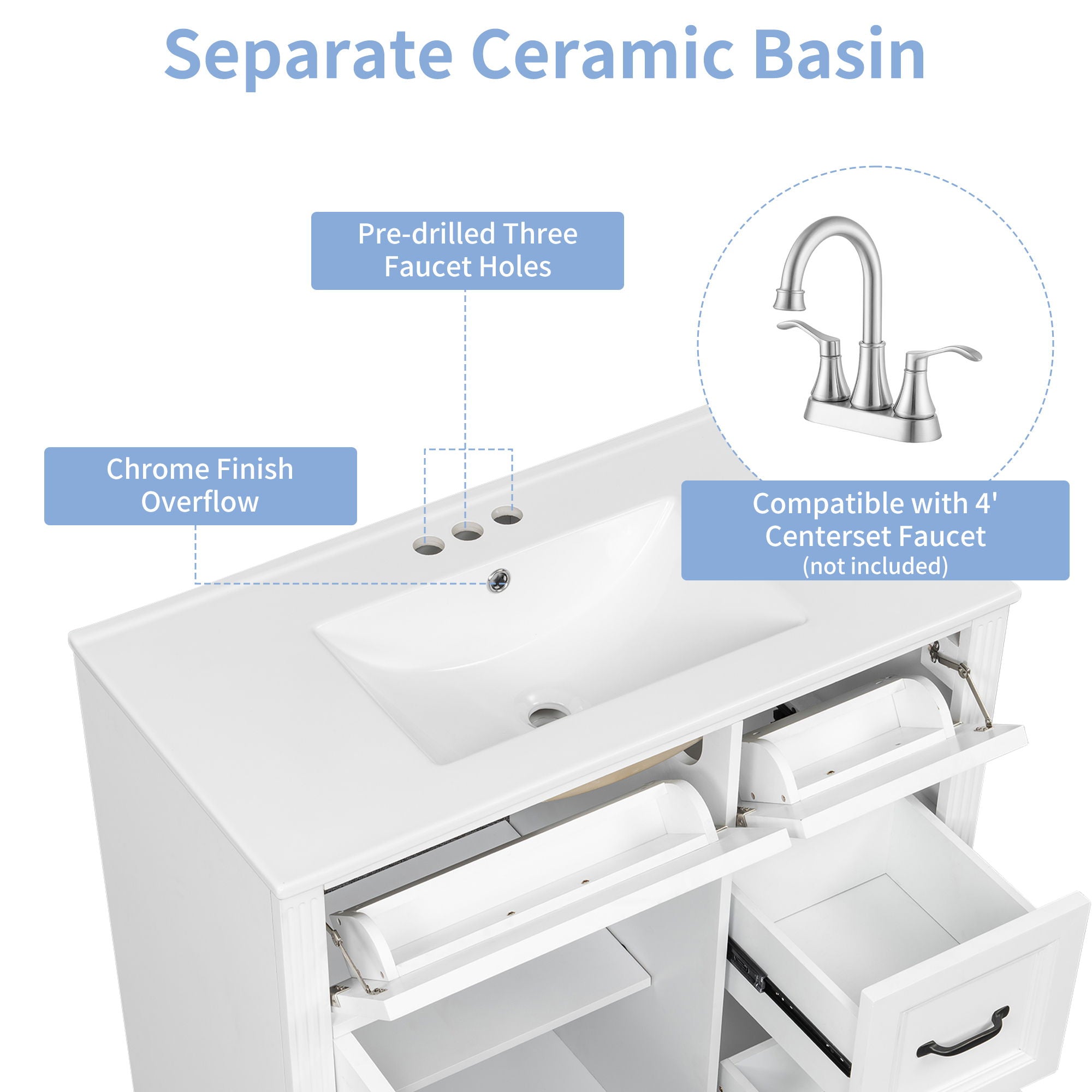 Modern Bathroom Vanity With Sink, 4 Drawers, Soft-Close Door, Adjustable Shelf