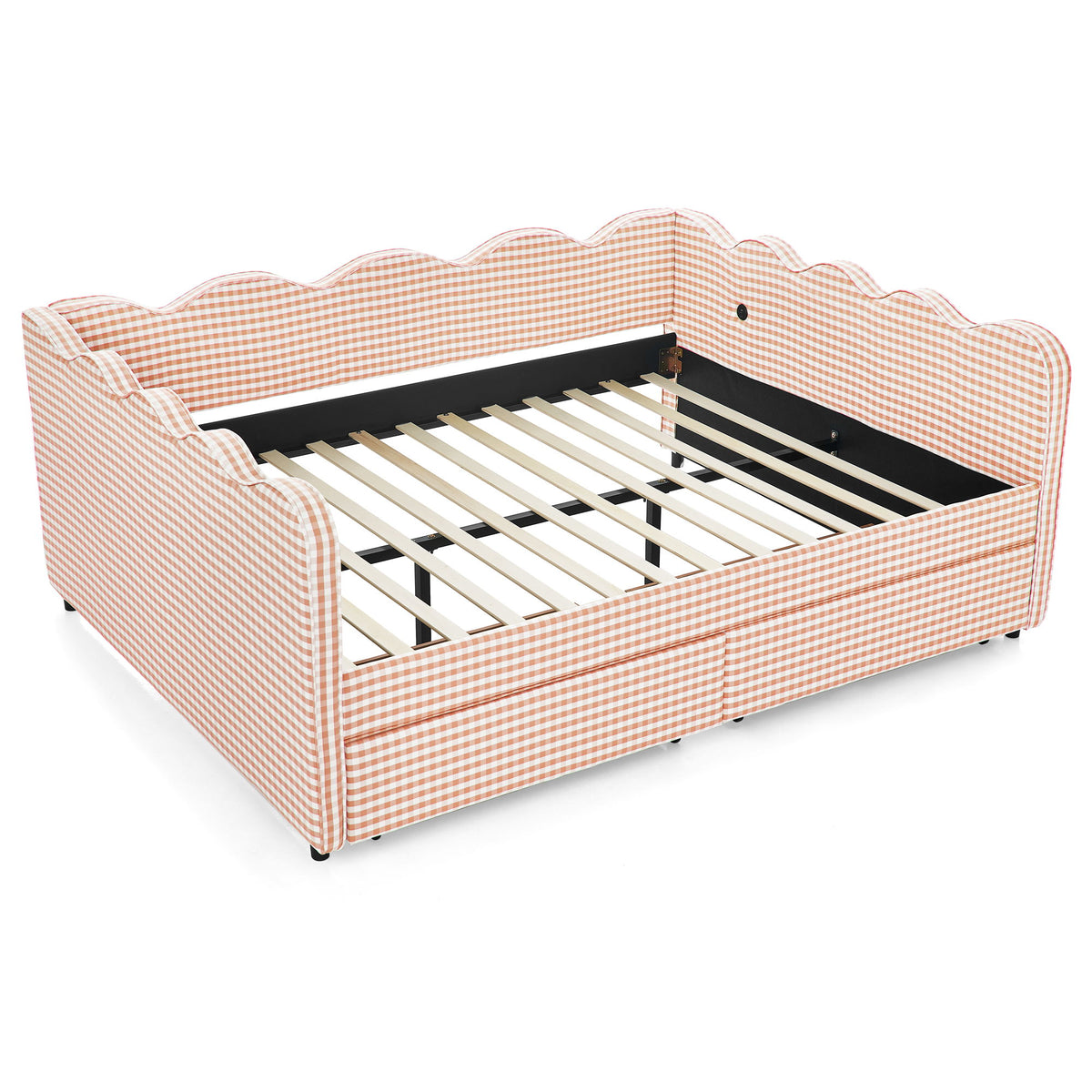 Queen Size Gingham Daybed With 2 Storage Drawers, USB Port, Wave-Shaped Design - Pink