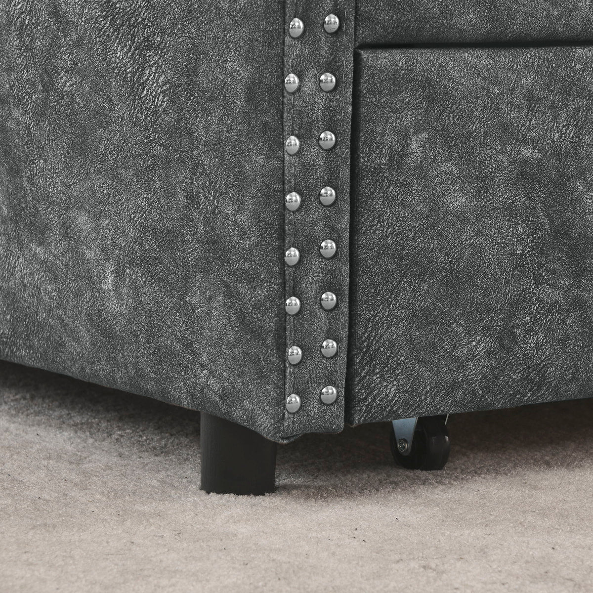Queen Size Upholstered Daybed With Tufted Back And Nail Trimmed Waved Arms - Gray