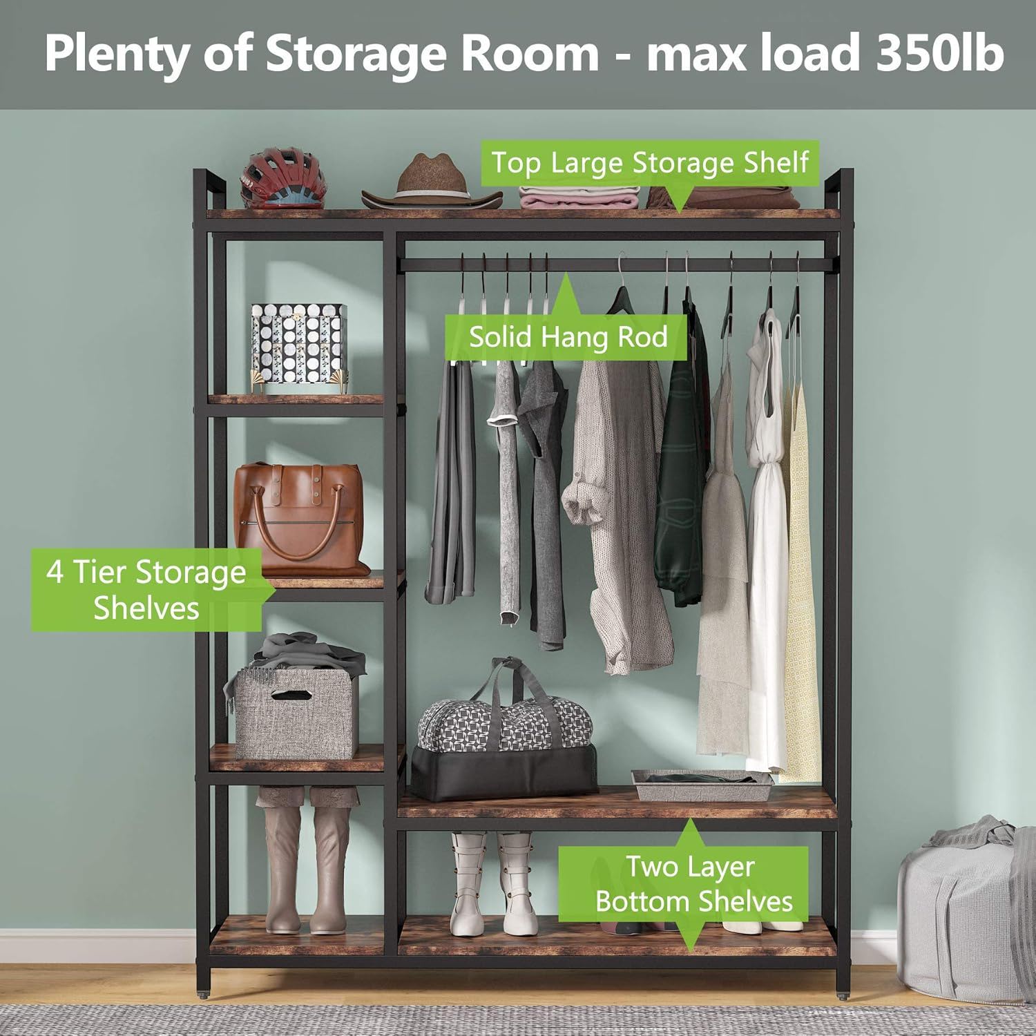 Free Standing Closet Organizer With 6 Shelves And Hanging Bar - Brown / Black