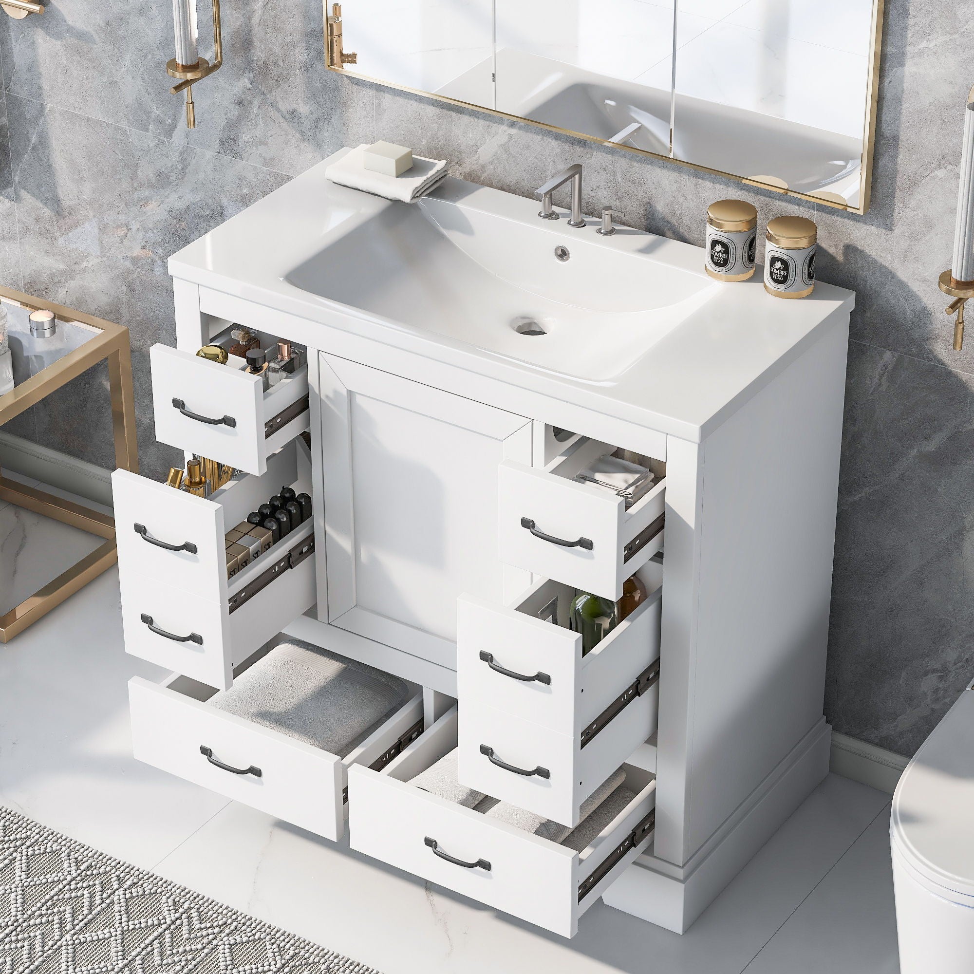Modern Bathroom Vanity With Sink, 6 Drawers, Adjustable Shelf