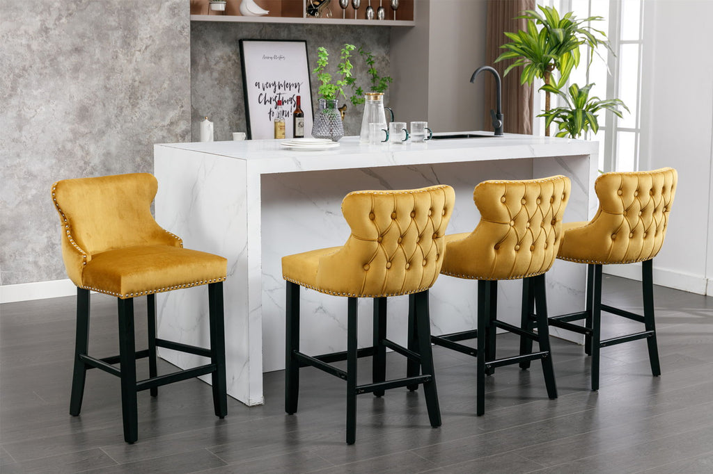 Contemporary Upholstered Wing-Back Barstools With Button Tufted Decoration And Wooden Legs, And Nailhead Trim, Leisure Style Bar Chairs, Bar Stools (Set of 2)