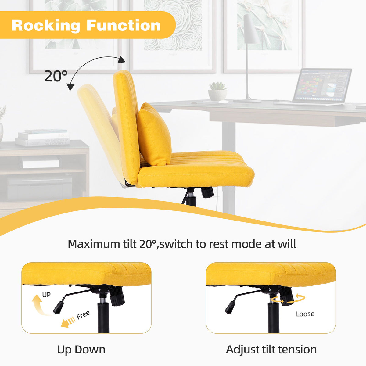 Criss Cross Armless Office Chair With Wheels Comfortable For Home Office - Yellow