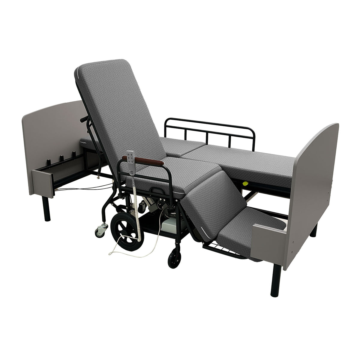 Dual Motor 3 In 1 Electric Nursing Bed Convertible To Wheelchair & Stretcher - Gray