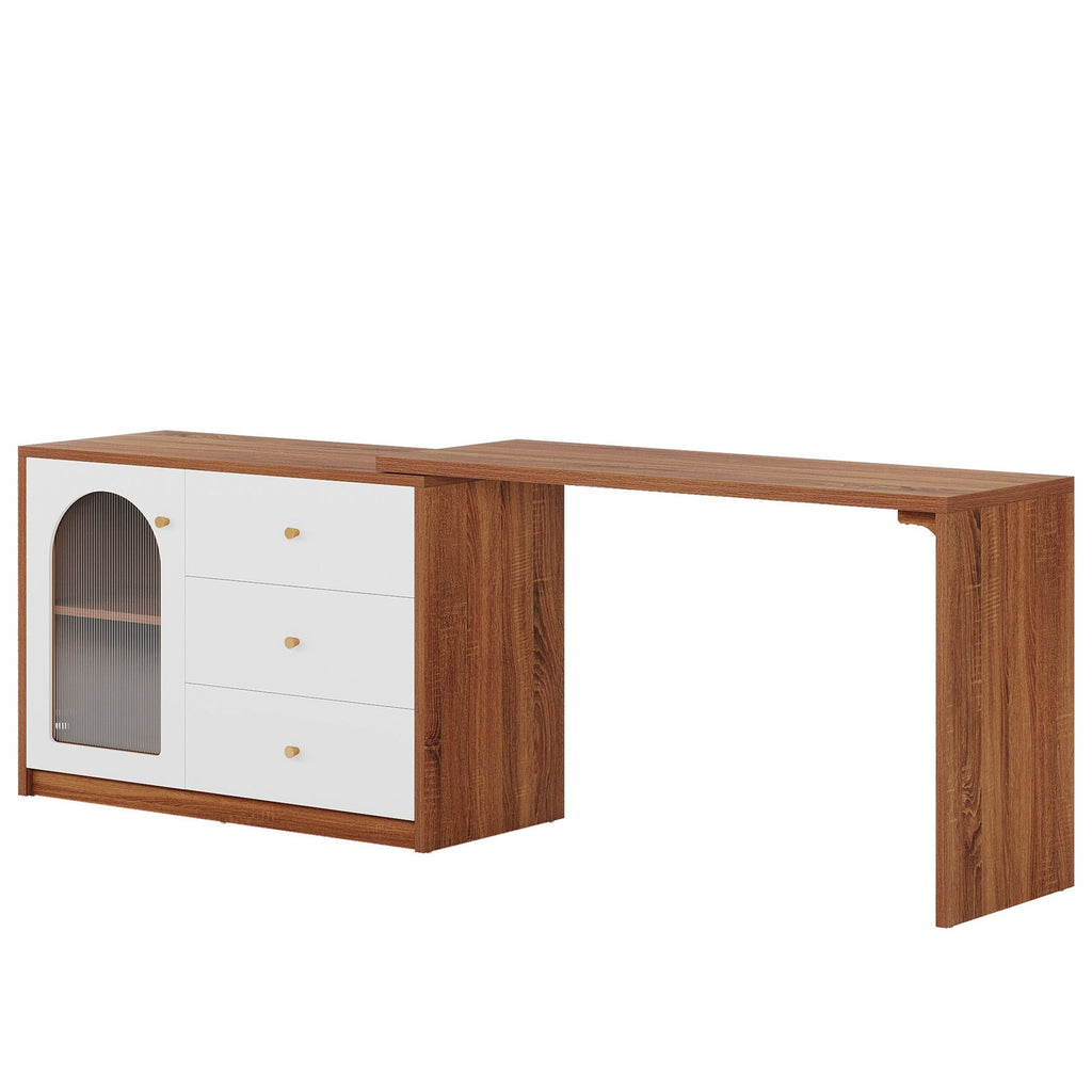 L - Shaped Computer Desk With Drawers, Reversible Corner Workstation For Home Office - Brown / White