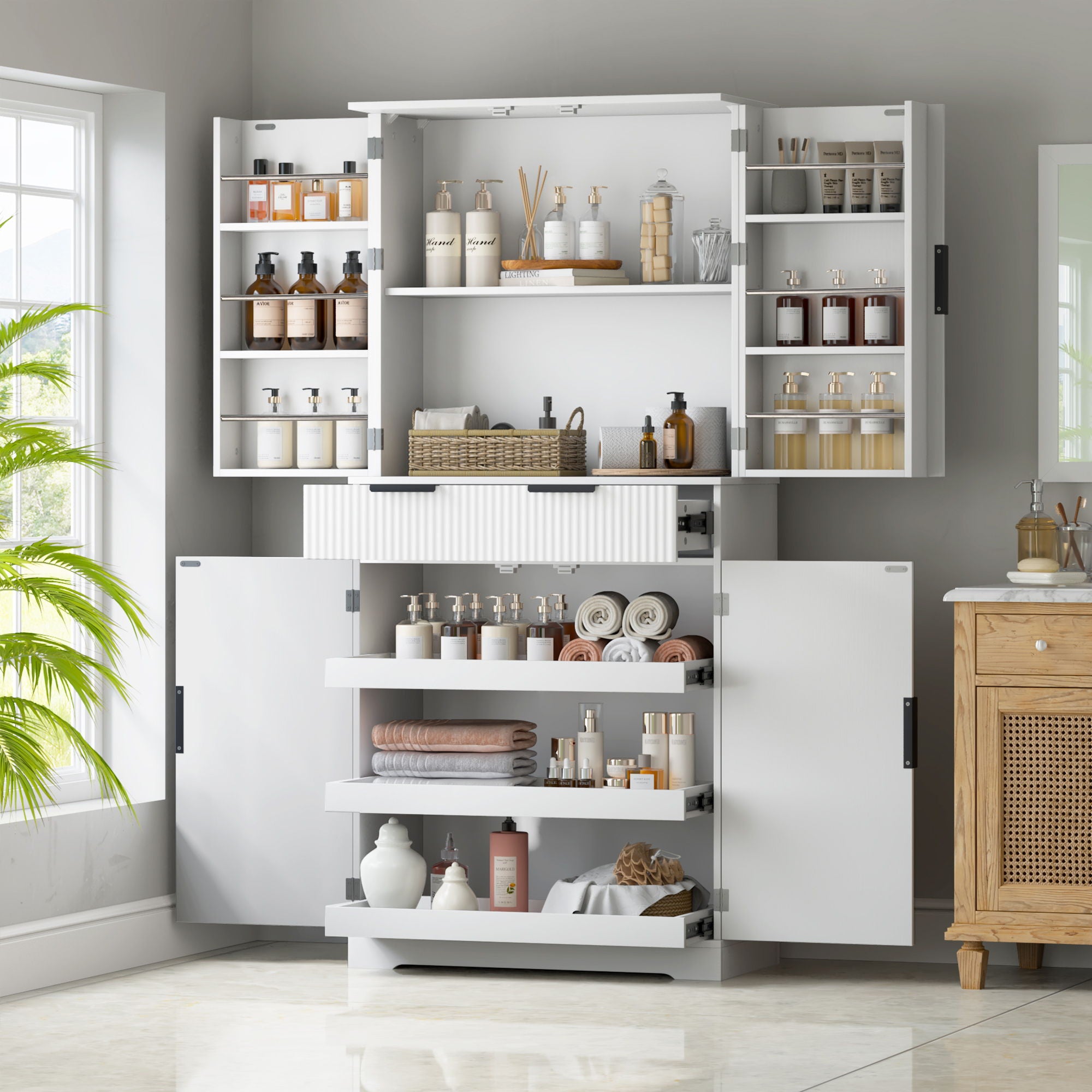 Fluted Kitchen Pantry Cabinet With 3 Keyboard Drawers & 6 Adjustable Door Shelves