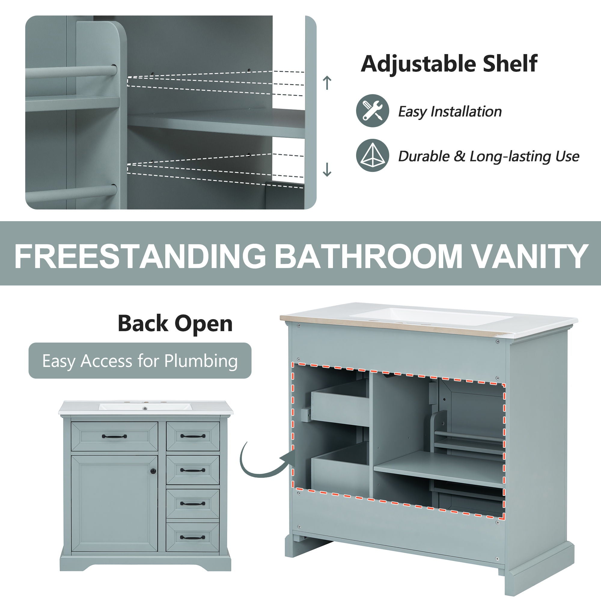 Bathroom Vanity With Sink, 2 Tip Out Drawers, Soft Close Hinges - Gray