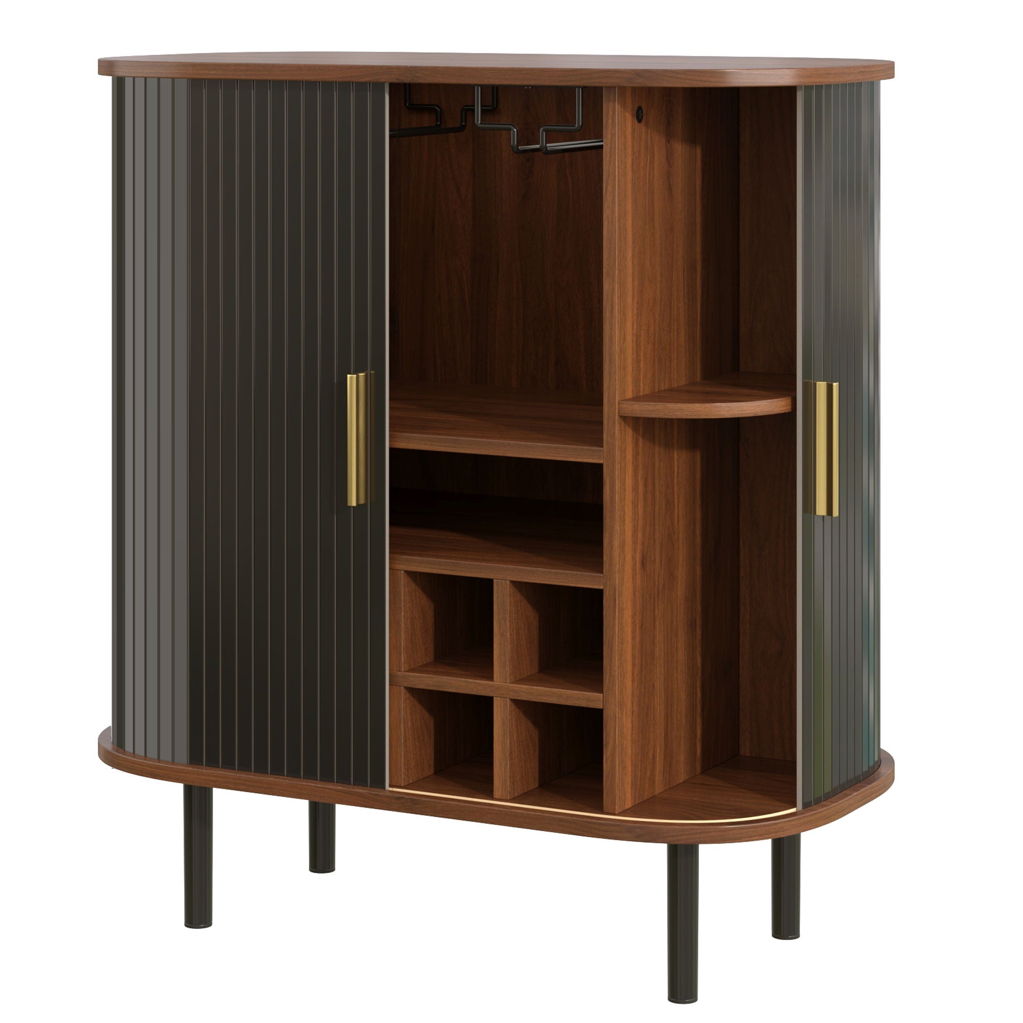 Fluted Wine Bar Cabinet With 8 Grid Wine Rack, 5 Level Adjustable Shelves, 2 Glass Holders