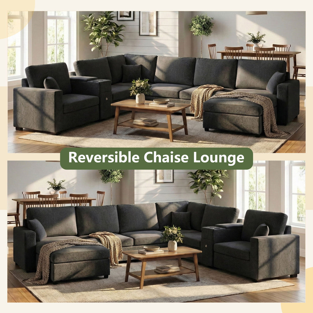 Modular 5 Seat U-Shape Sectional Sofa With Chaise Lounge, Built In Cup Holders And Storage Drawer