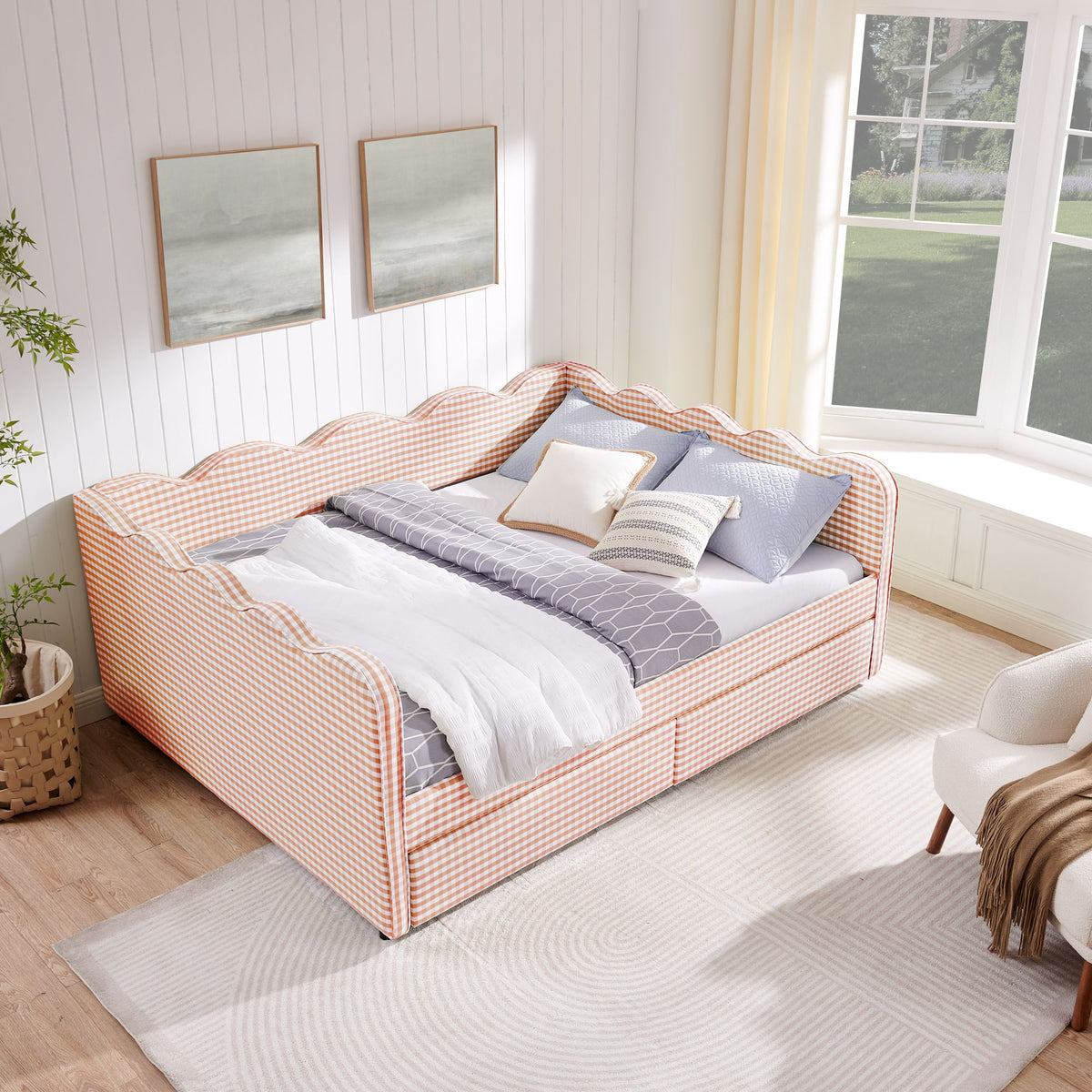 Queen Size Gingham Daybed With 2 Storage Drawers, USB Port, Wave-Shaped Design - Pink