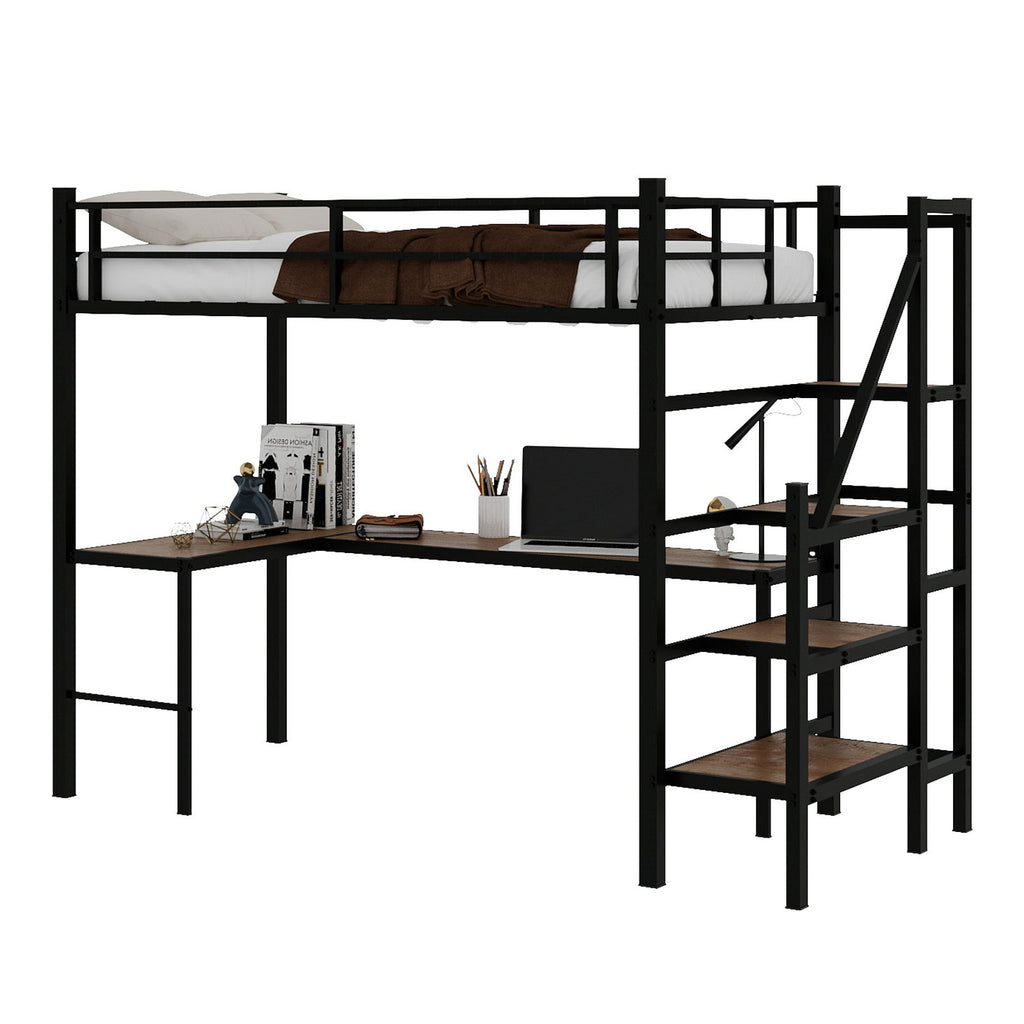 Loft Bed & L-Shaped Desk, Large Storage Space