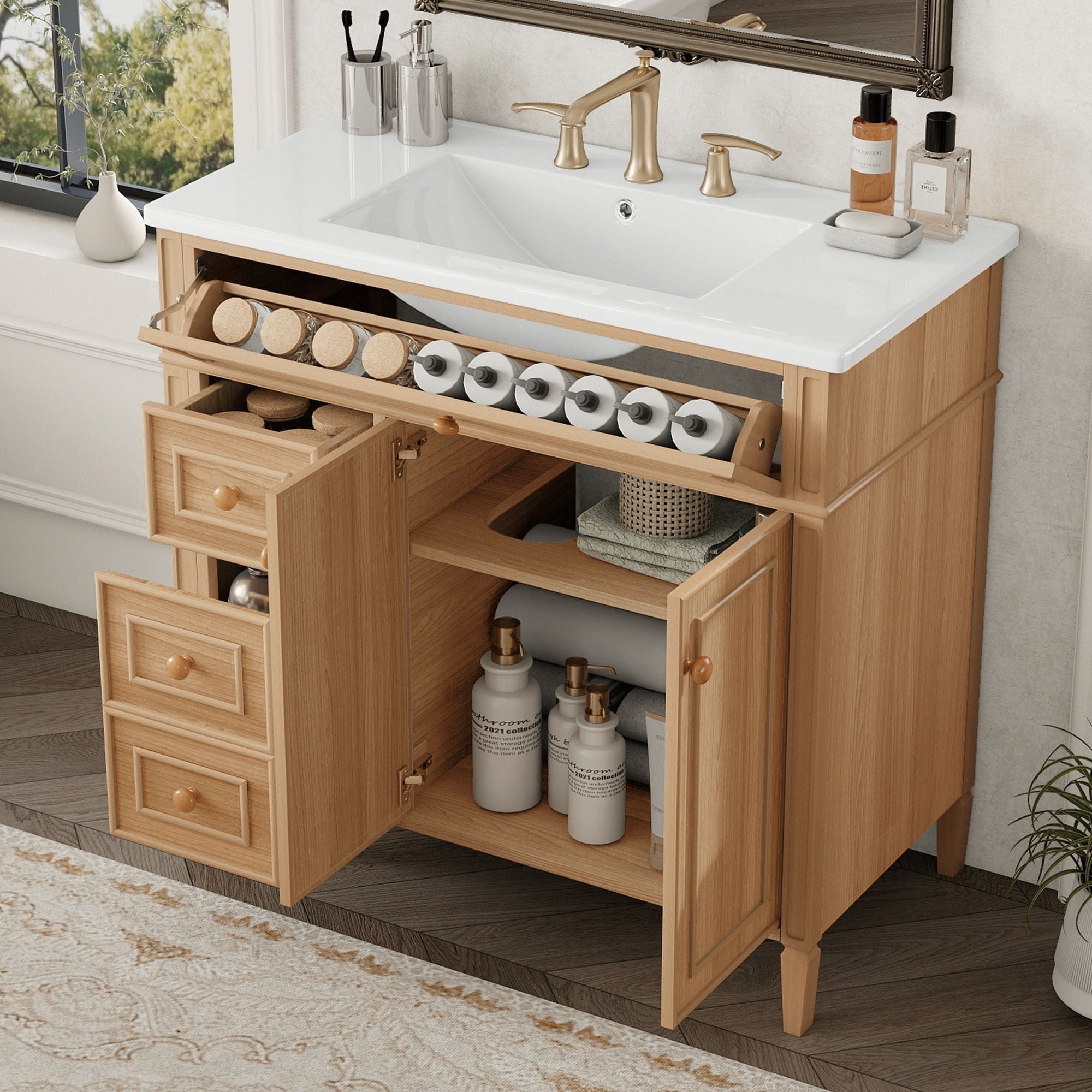 Bathroom Vanity With Sink, 3 Drawers & 2 Doors
