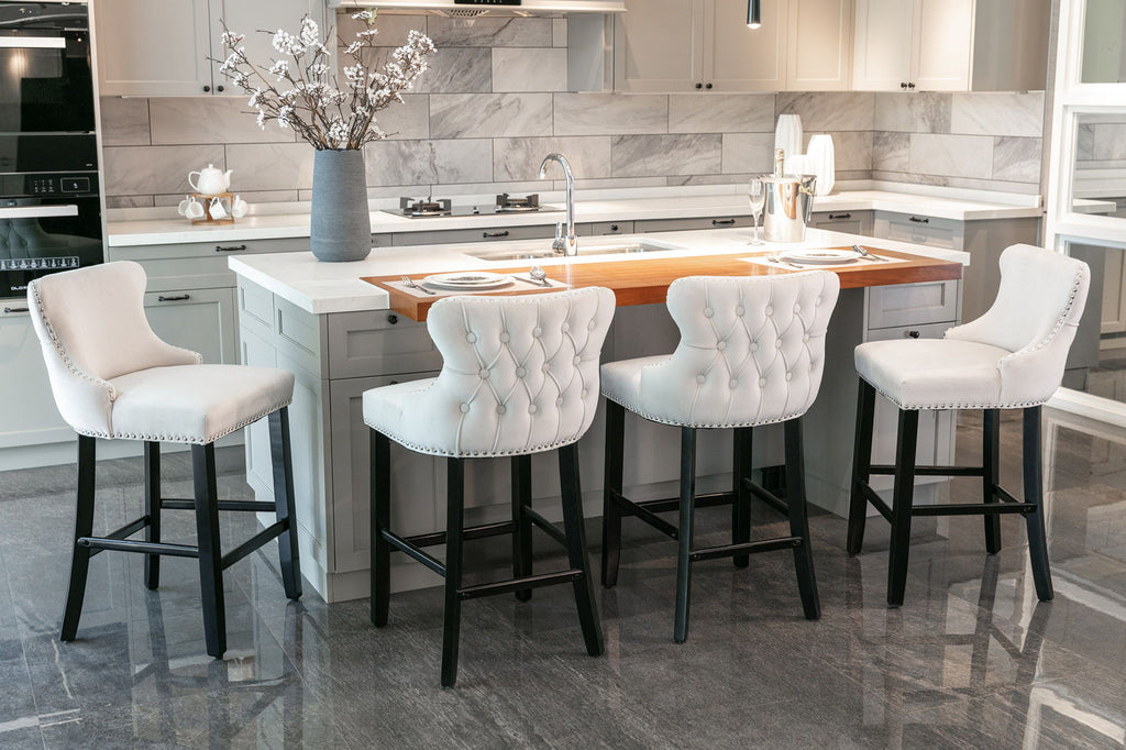 Contemporary Upholstered Wing-Back Barstools With Button Tufted Decoration And Wooden Legs, And Nailhead Trim, Leisure Style Bar Chairs, Bar Stools (Set of 2)