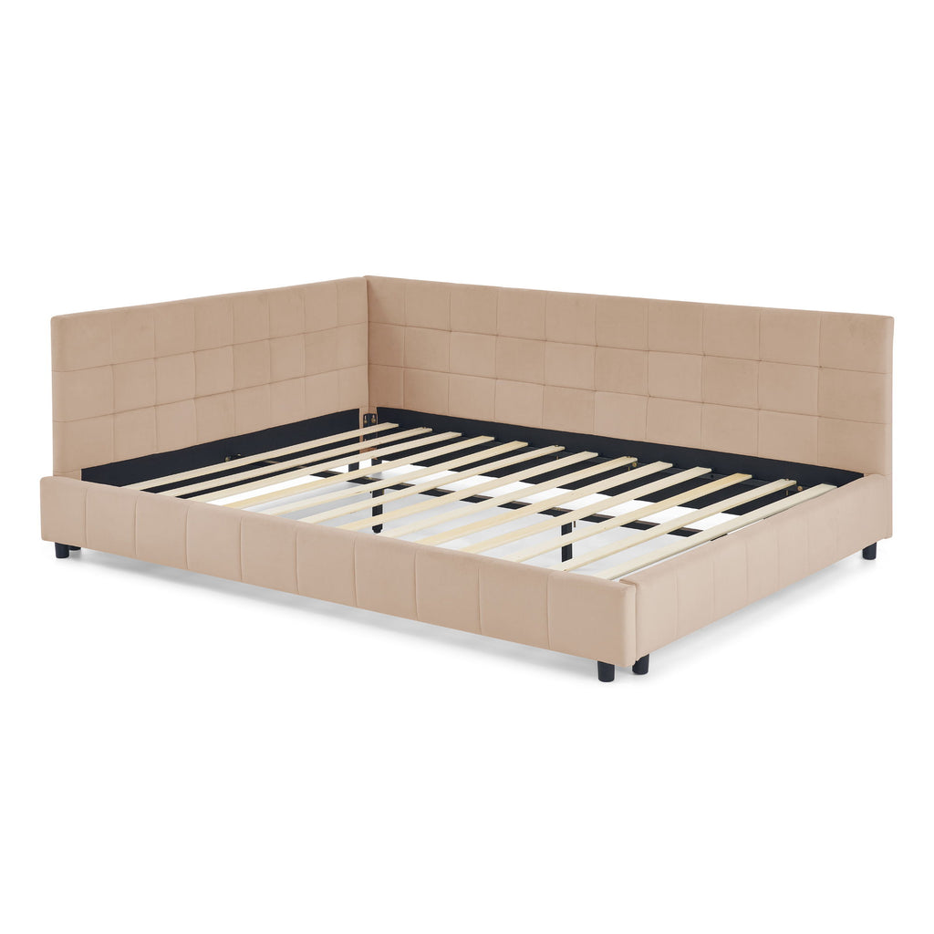Mid-Century Storage Upholstered Tufted Bed Frame With Backrest And Armrests