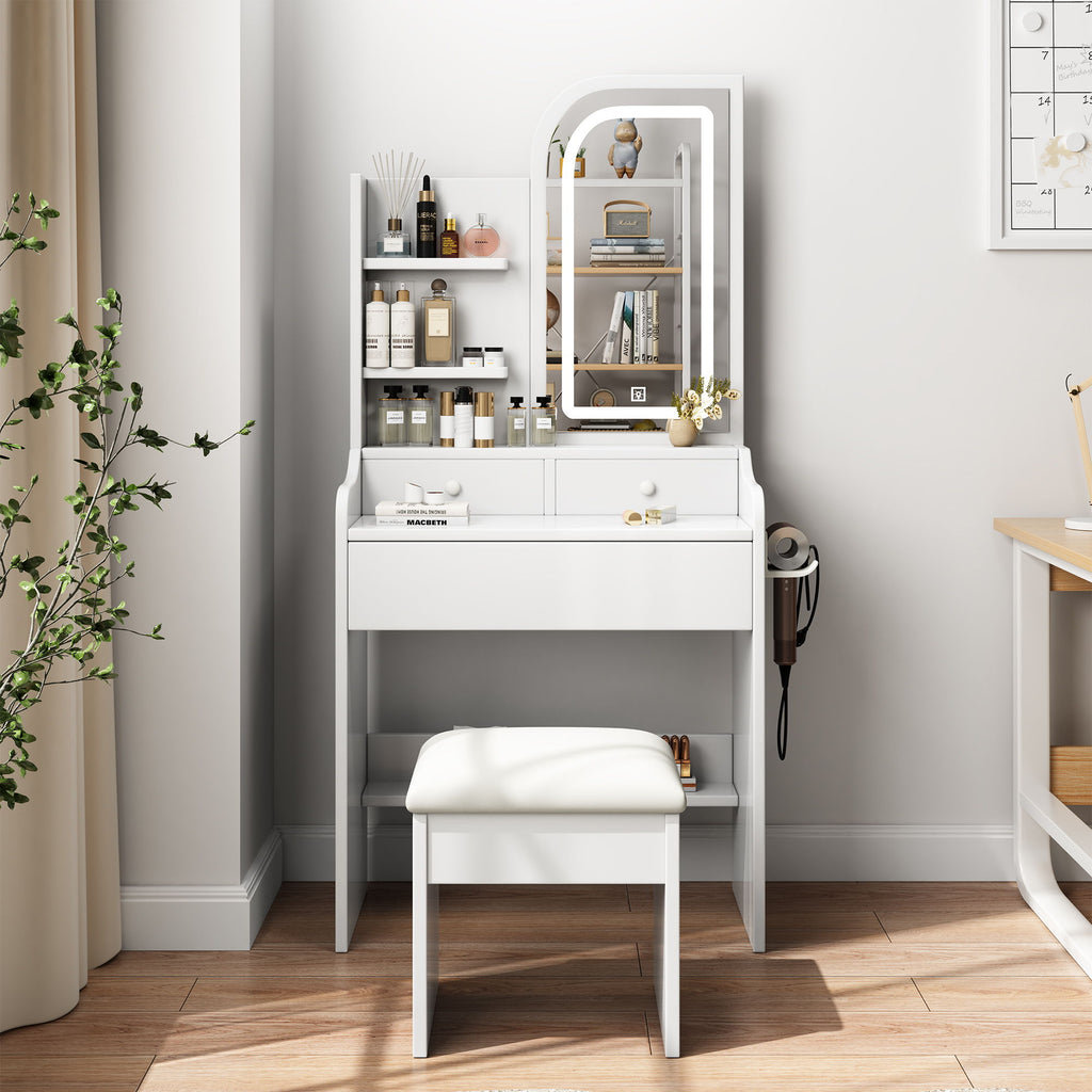 Fashion Vanity Desk With Mirror And Lights For Makeup, Hair Dryer Holder And Chair, Adjustable Lighting - White