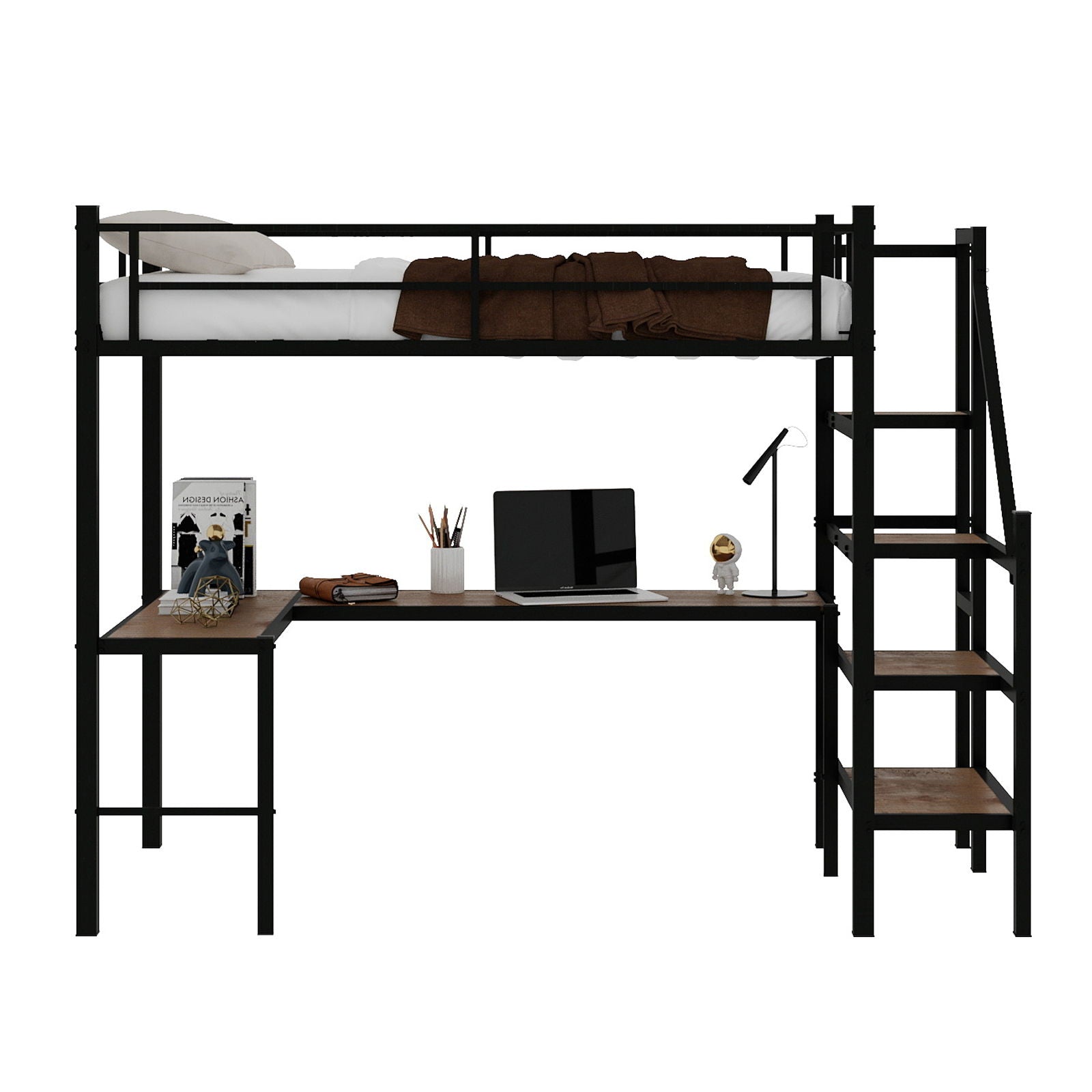 Loft Bed & L-Shaped Desk, Large Storage Space