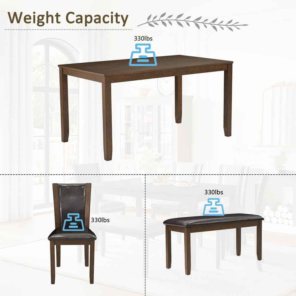 6 Piece Dining Table Set & Bench And Chairs For Dining Room - Dark Walnut