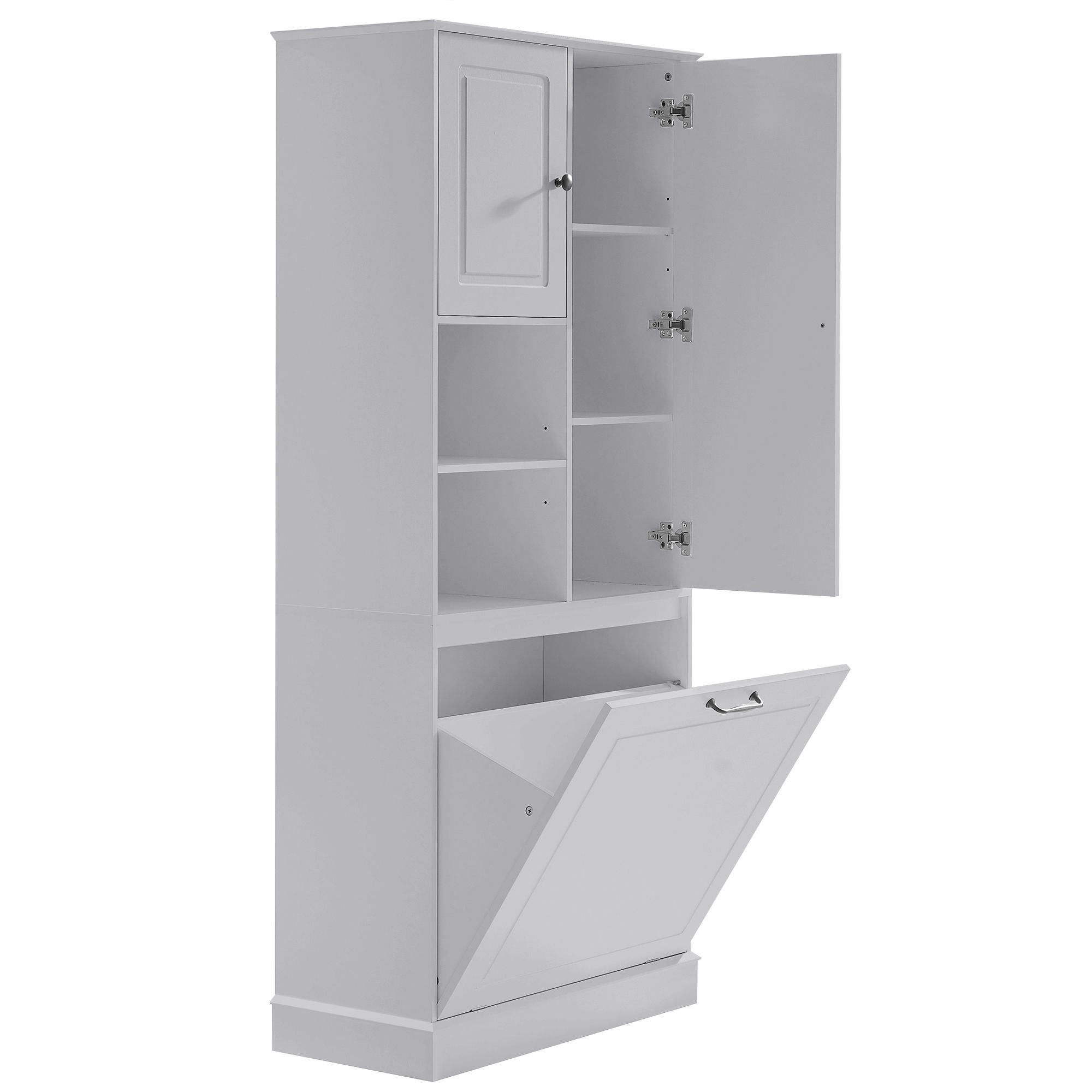 Modern Tall Storage Cabinet With Adjustable Shelves, Flip-Out Basket & Enclosed Doors